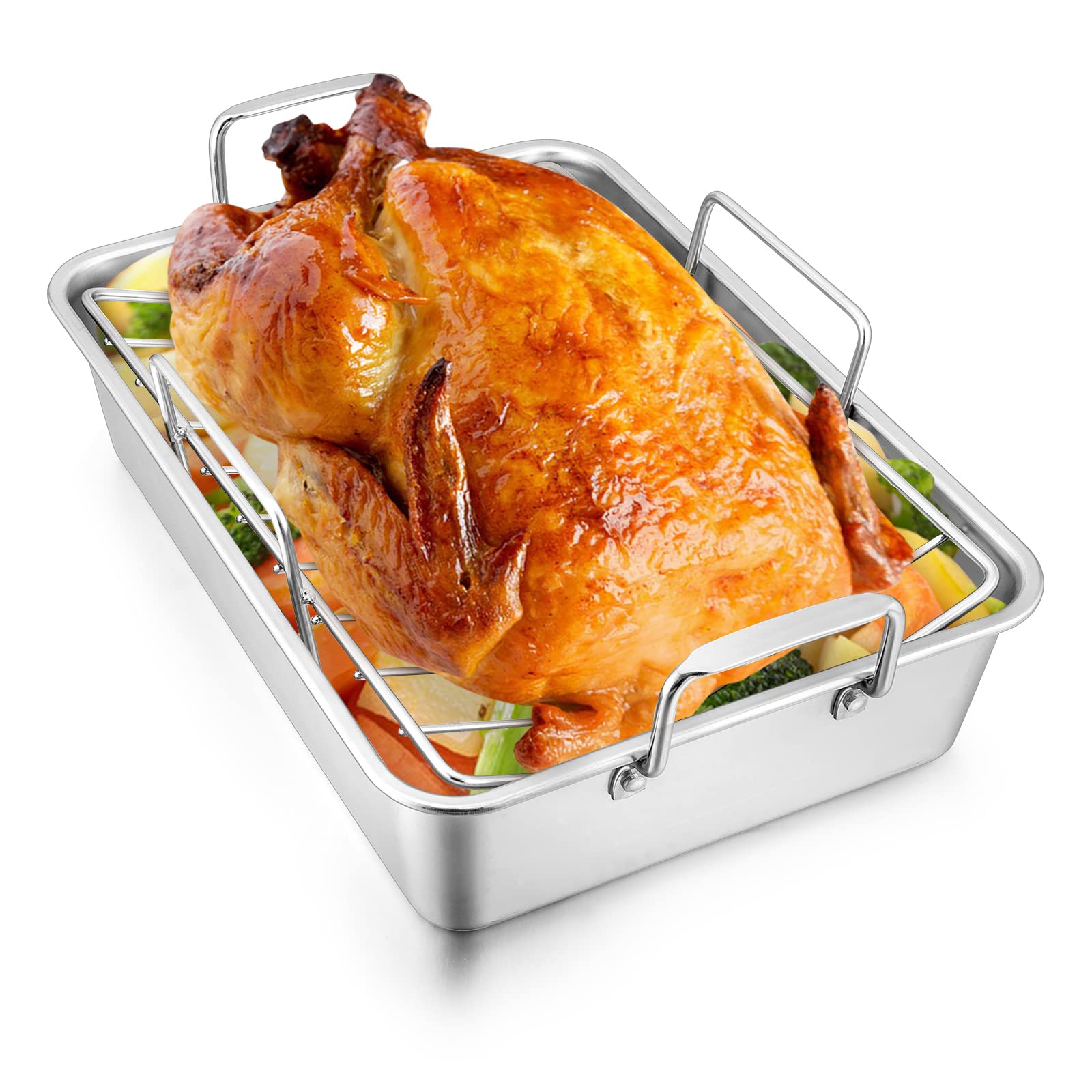 LILILIAN FMY  Stainless Steel Roasting Pan with V Shaped Rack Large Durable Heavy Duty Bakeware with Handles for Turkey Chicken Oven Use