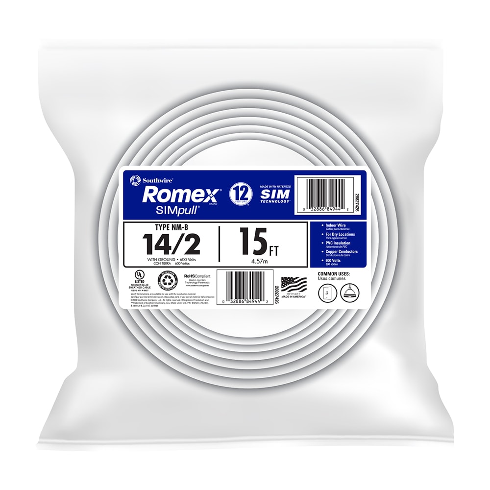 Southwire 28827426 15-ft 14 / 2 / Romex SIMpull Solid Indoor CU NM-B W/G Individual pack ( By-the-roll )