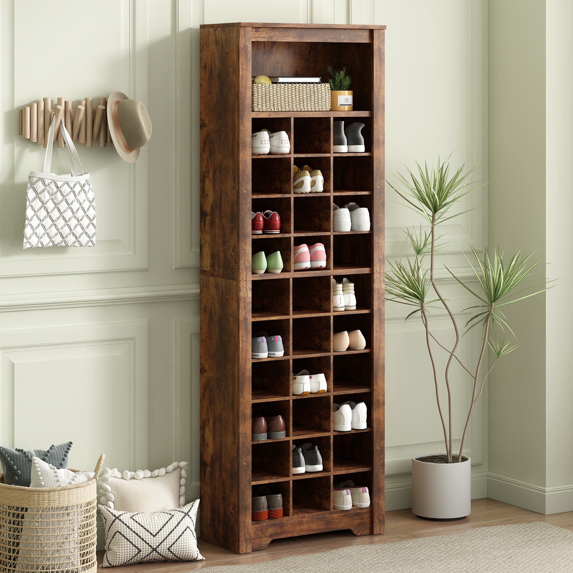 LOVMOR SF-Y-WF309309AAP 30 Shoe Cubby Console Contemporary Shoe Cabinet with Multiple Storage Capacity Free Standing Tall Cabinet with Versatile Use for Hallway  Bedroom Rustic Brown
