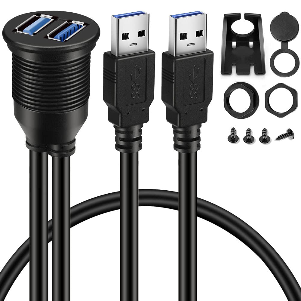 Vrbgify Dual USB 3.0 Male to USB 3.0 Female Flush Mount Extension Cable for Car Truck Boat Motorcycle Dashboard Panel Three Feet #LVG0820V316