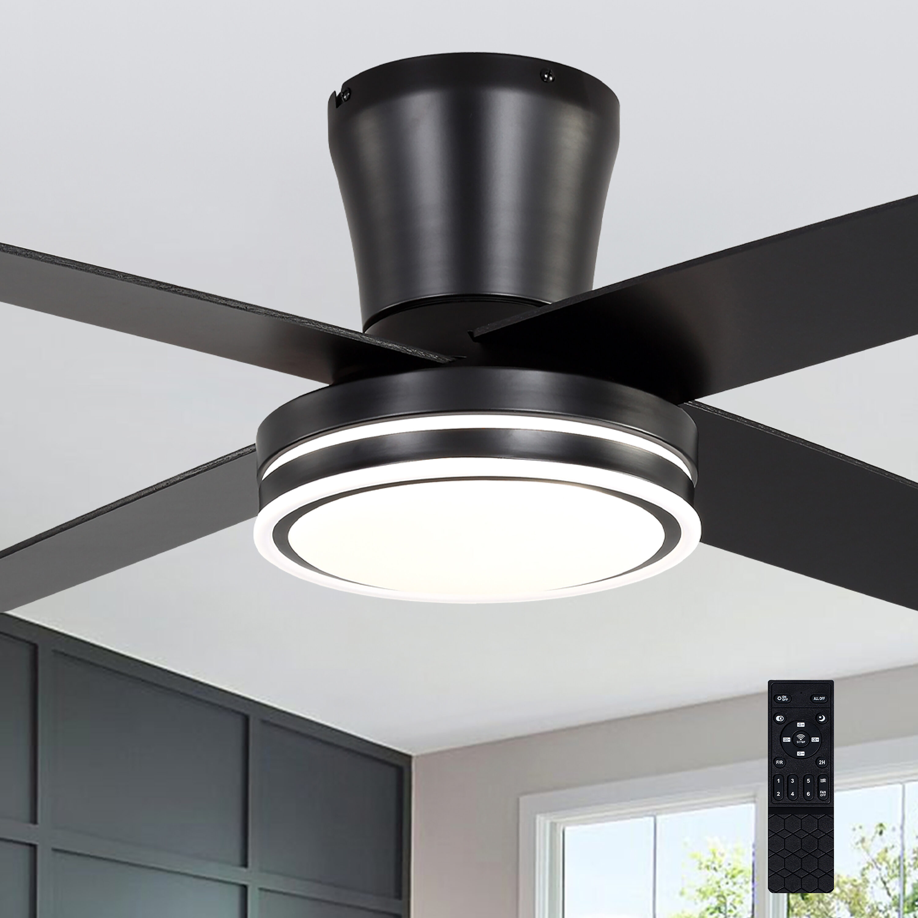 Cusp Barn CS44P01B 44-in Integrated LED Black with Wood Blades Chandelier Ceiling Fan With Light - Remote Included ( 4 -Blade )