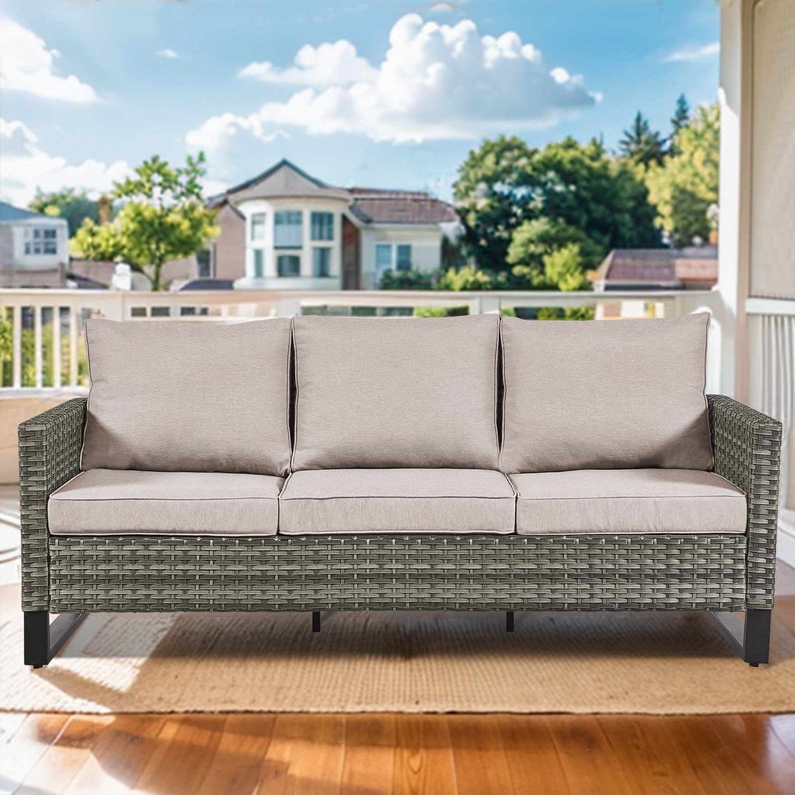 PA147-2 PASOFA-T Wicker Outdoor Sofa with Beige Cushions and Steel Frame