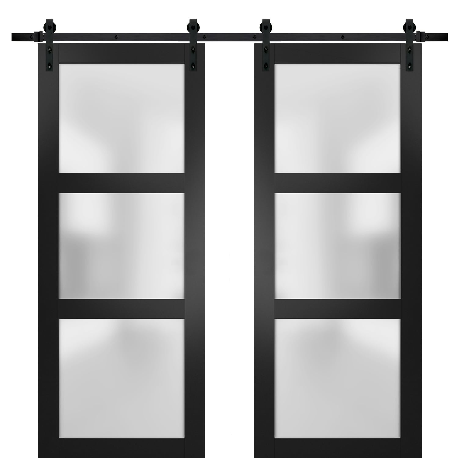 SARTODOORS LUC2552DB-BLK-56 56-in x 80-in Matte Black Frosted Glass MDF Double Barn Door (Hardware Included)