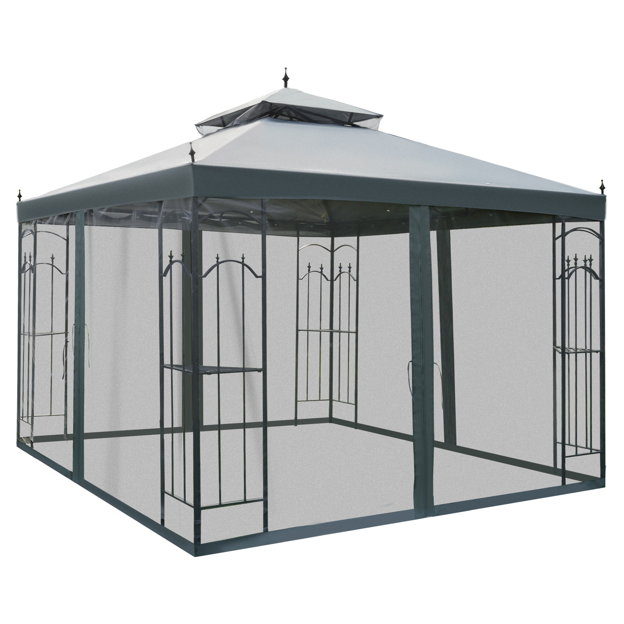 Outsunny 84C-028GY 118 x 118 Steel Outdoor Patio Gazebo Canopy with Removable Mesh Curtains Display Shelves  Steel Frame Gray