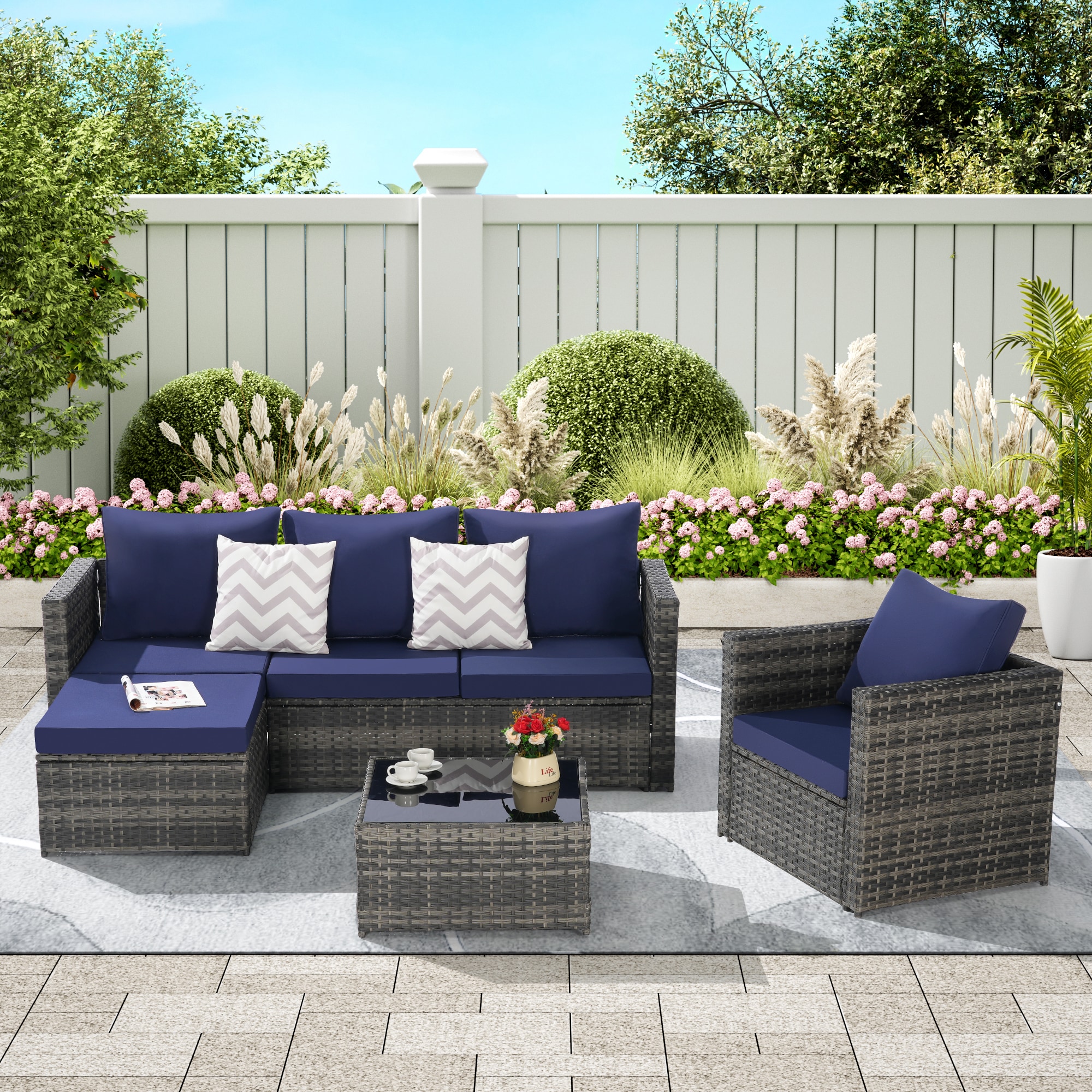 AAZJ Patio Conversation Sets 4 -Piece Rattan Patio Sofa Conversation Set with Navy Cushions