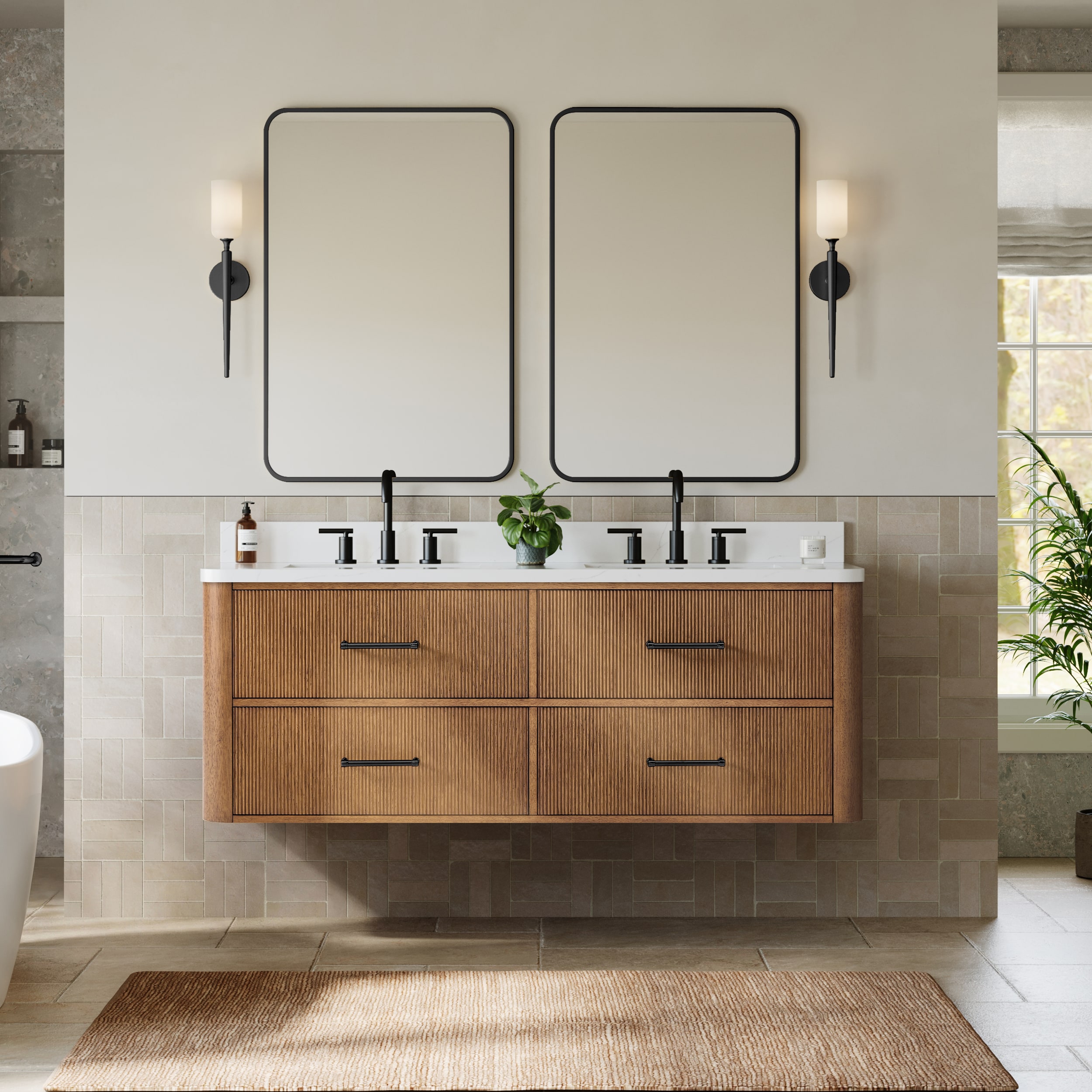 Wyndham Collection Francesca WM 60 Inch Double Wall Mounted Bathroom Vanity in Toasted Walnut, Rounded Giotto Quartz Countertop, Undermount Square Sinks (3-Hole), Matte Black Trim
