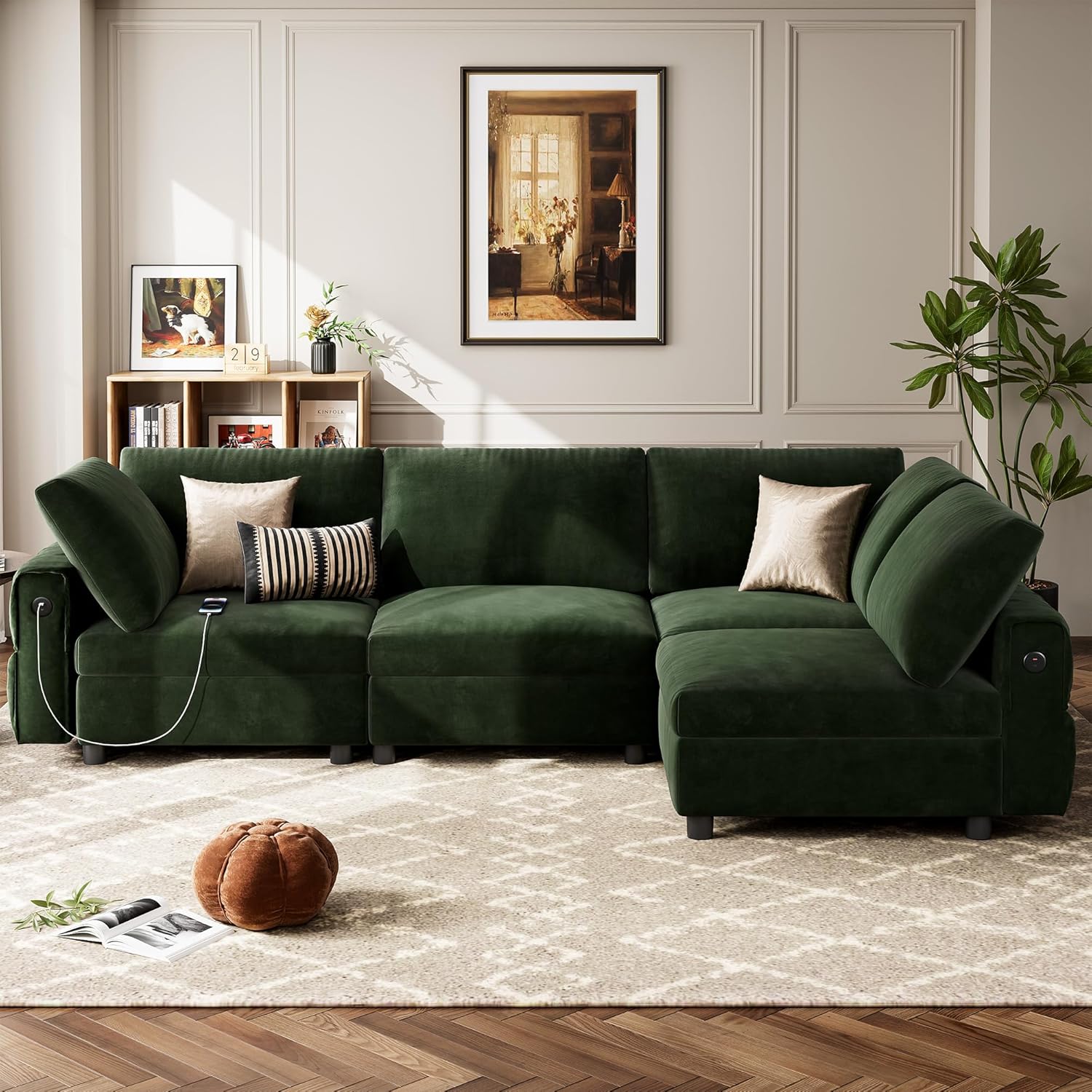 Qeetex YJCJ-VAM-33SJPYNS 105 inch Modular Velvet Sectional Sofa 4 Seat L Shaped Couch with USB and Type C Charging Deep Seat Plush Pillows for Living Room or Apartments Green