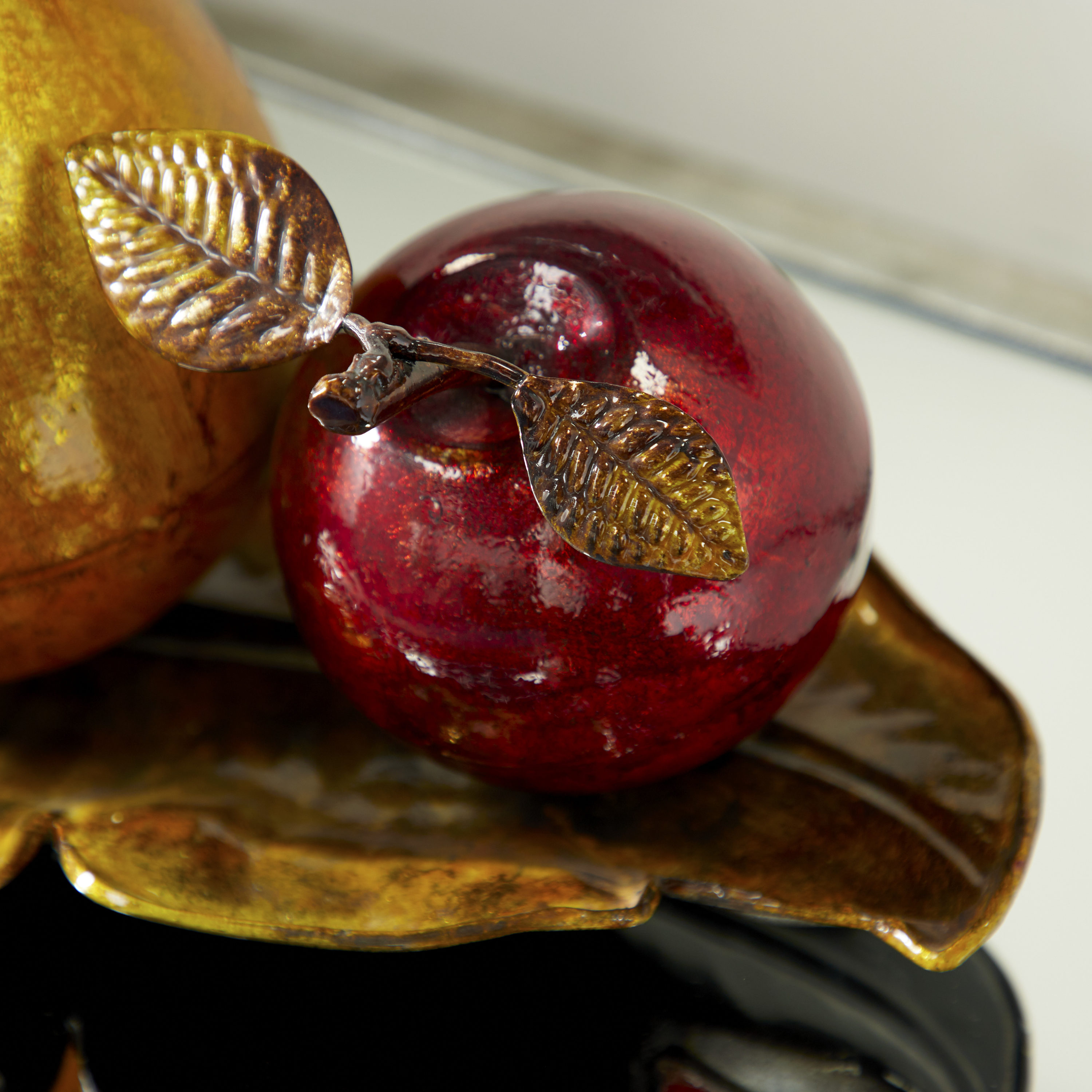 Glossy Red Apple and Yellow Pear Metal Sculpture on Leaf Tray