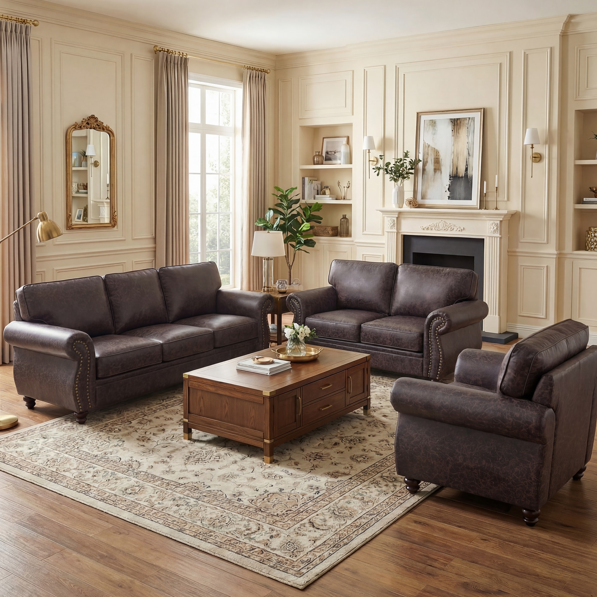 Czpalo Mid-Century Vintage 3-Piece Living Room Furniture Set(Accent Chair+Loveseat+3-Seater Sofa)-Brown