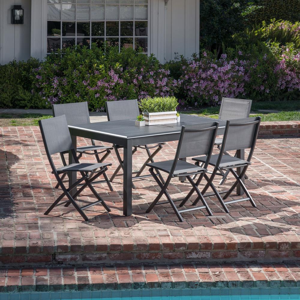 Cameron 7-Piece Gray Aluminum Dining Set with Folding Sling Chairs