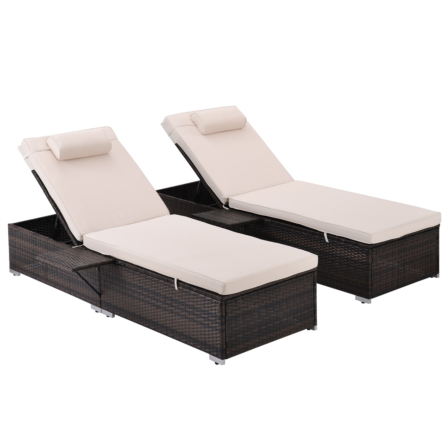 Bybafun YA6900001 Set of 2 Wicker Brown Wicker Frame Stationary Chaise Lounge Chair with Off-white Cushioned Seat
