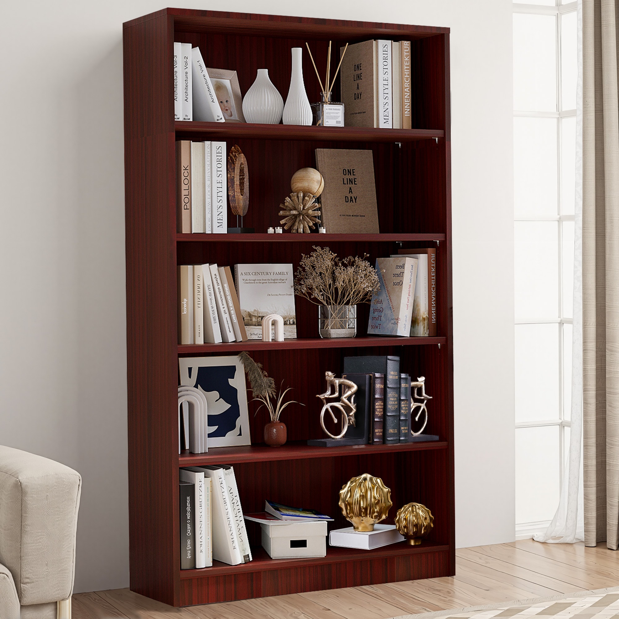 Wooakway 5 Tier Open Bookshelf Tall Bookcase Storage Shelving Unit Anti Tip Frame Freestanding Display Rack with Cable for Home Office