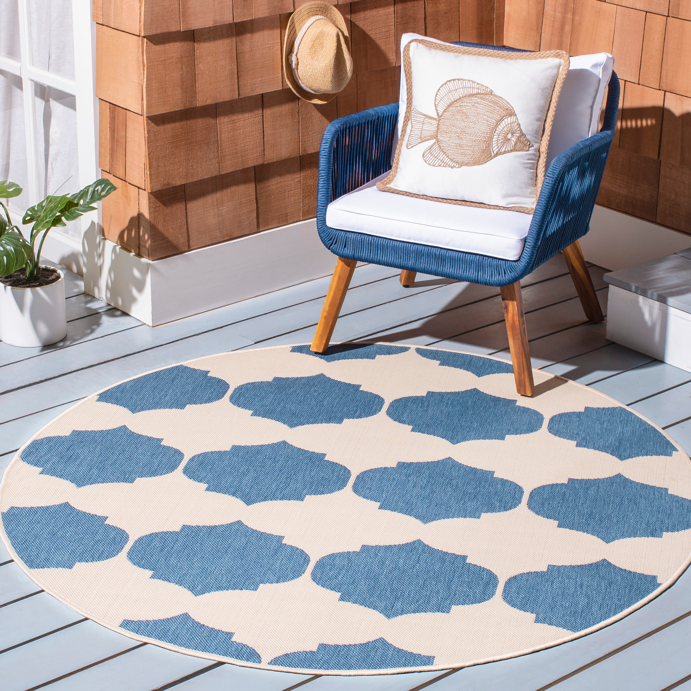 Safavieh CY6162-233-5R Courtyard Hani 5 x 5 (ft) Loomed Polypropylene Beige/Blue Round Indoor/Outdoor Geometric Coastal Area rug