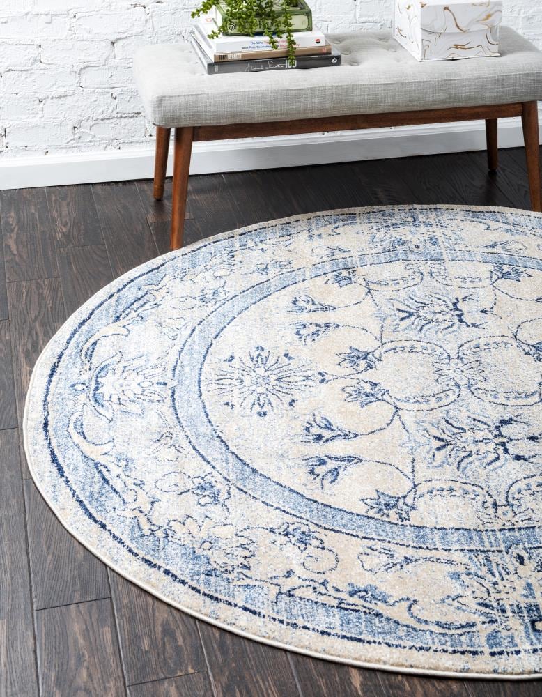 Unique Loom 3114675 Botanica La Jolla 8 x 8 (ft) Loomed Polypropylene Blue/Ivory Round Indoor Floral/Botanical Farmhouse/Cottage Area rug