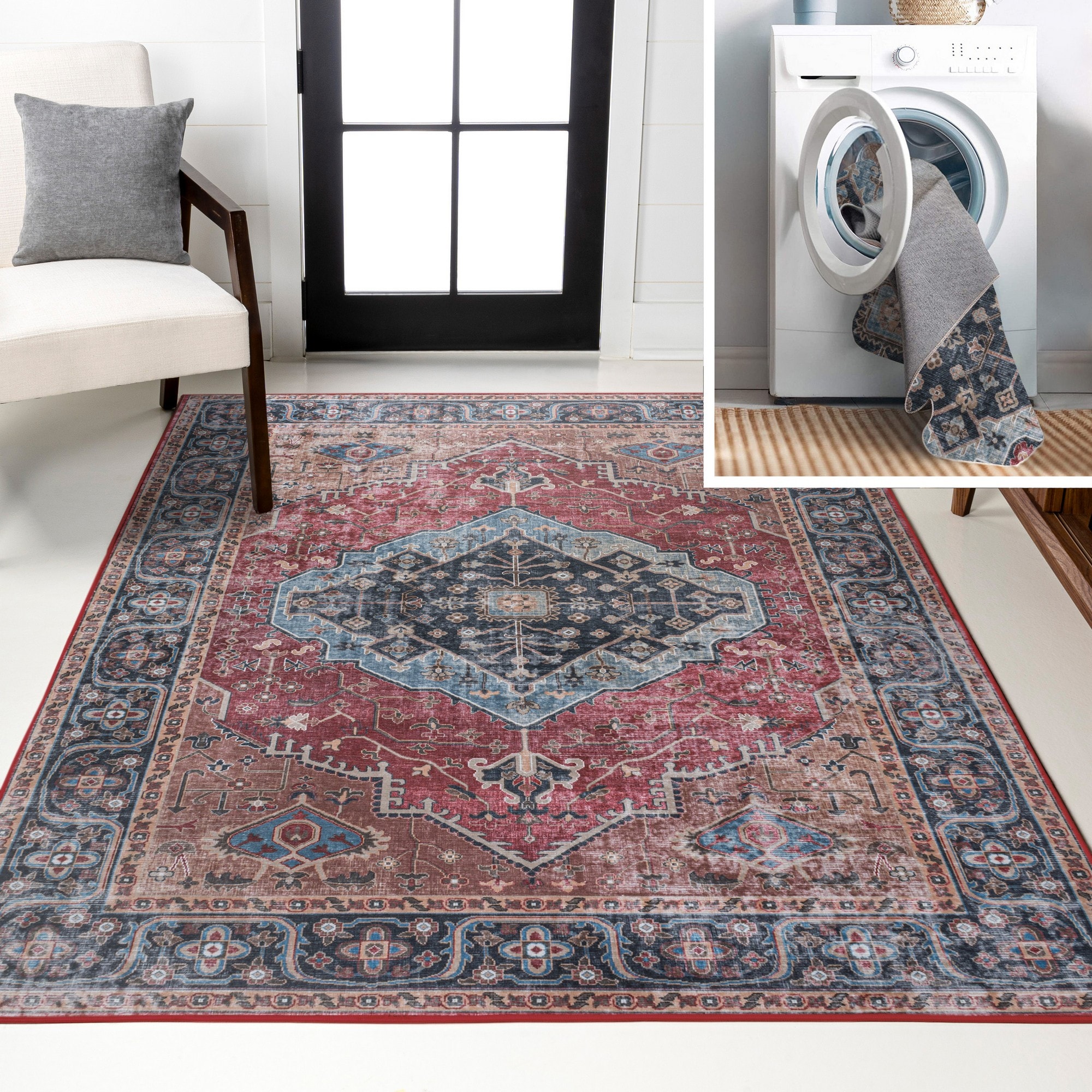 JONATHAN  Y WSH103D-8 WASHABLE Alacati Ogee 8 x 10 (ft) Loomed Red/Blue/Brown Rectangular Indoor Border Bohemian/Eclectic Machine washable Pet Friendly Area rug