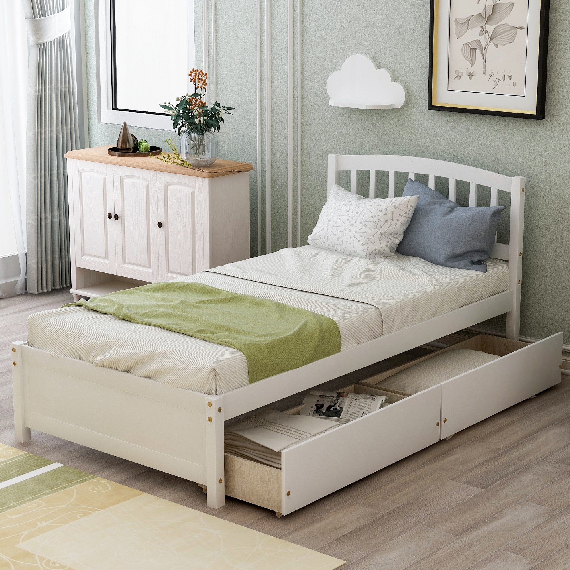 JIMSMAISON JMLFFB53W White Twin Wood Platform Bed with Storage