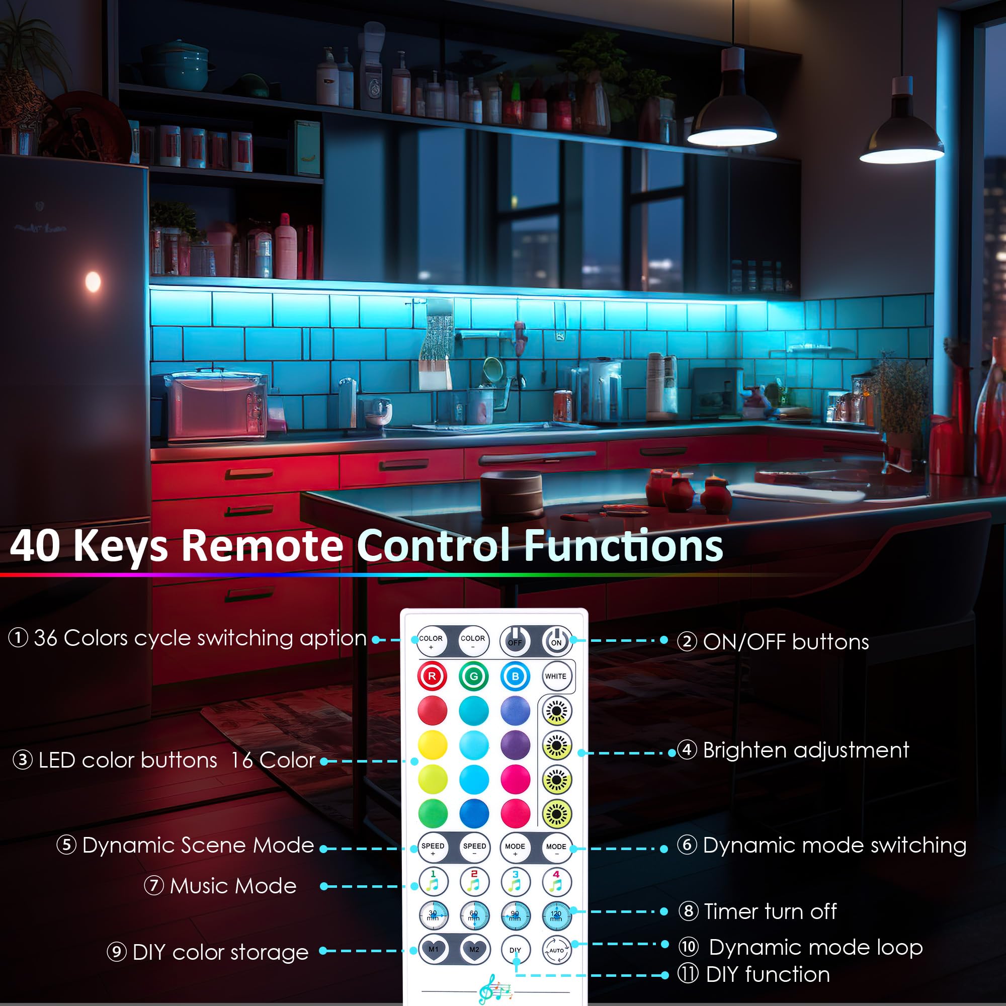 Anqtovp 8 pcs RGB under cabinet lights kit app and remote control music ...