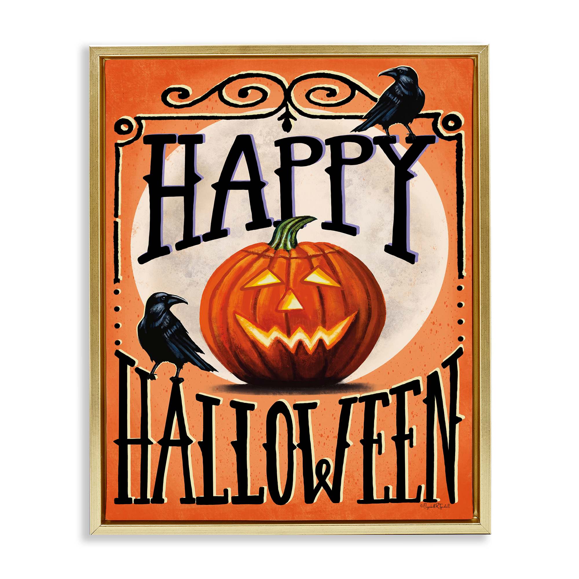 Stupell Industries BS-668-FFG-16X20 Happy Halloween with Crows Gold Framed Floater Canvas Wall Art By Elizabeth Tyndall 17 x 21