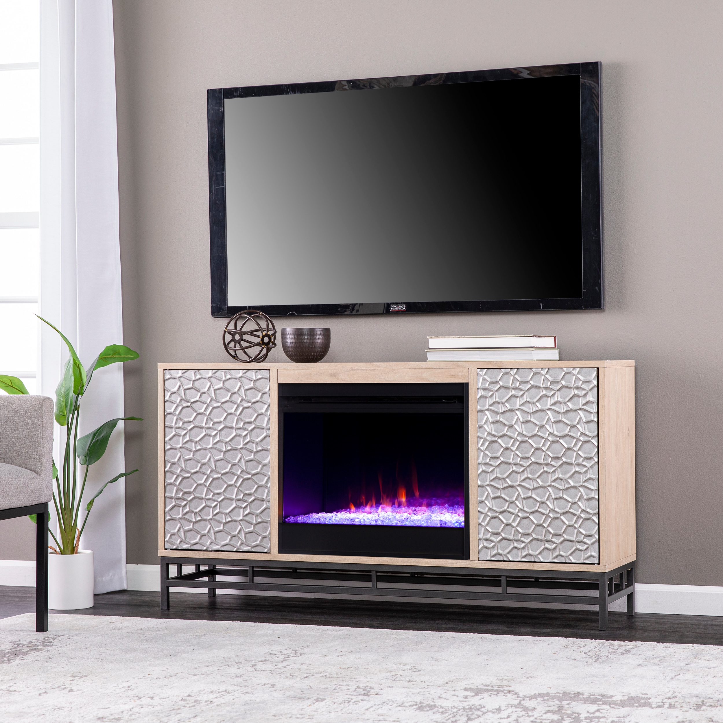 Hollesborne Color Changing Fireplace with Media Storage/Natural
