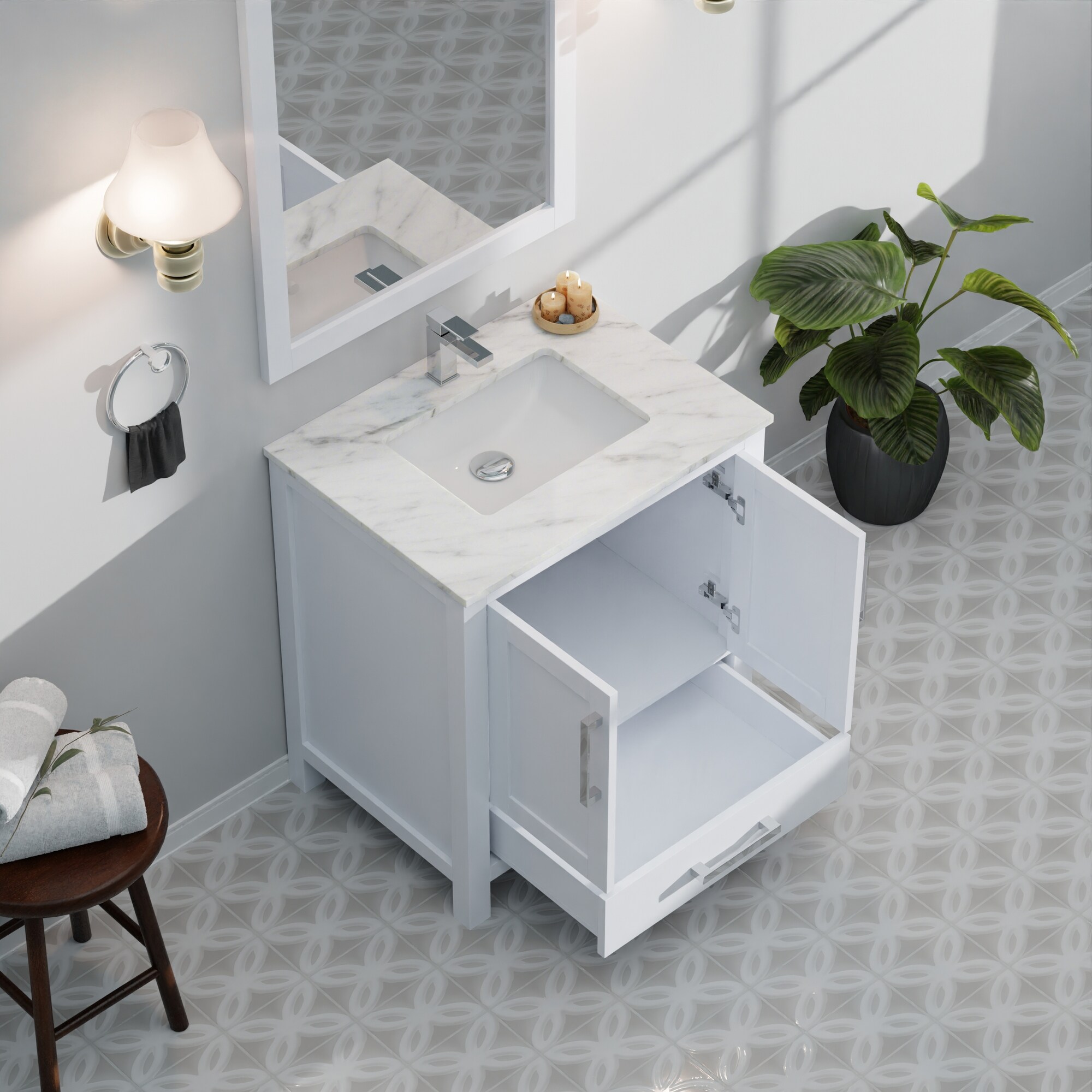 White 30" Vanity with Marble Top, Sink, Mirror, and Faucet