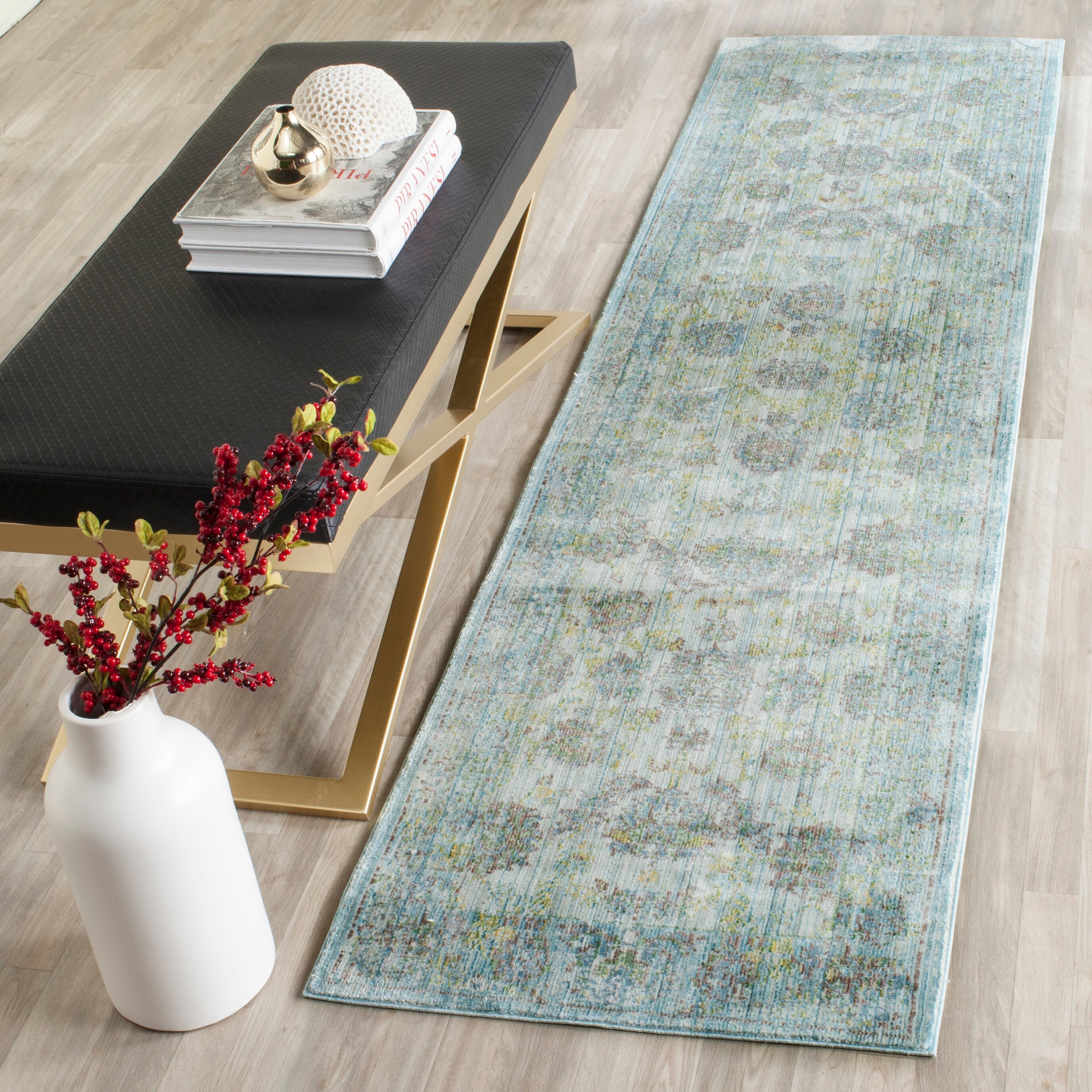 Safavieh VAL113G-212 Valencia Dinesh 2 x 12 (ft) Loomed Polyester Light Blue/Turquoise Rectangular Indoor Distressed/Overdyed Vintage Runner rug