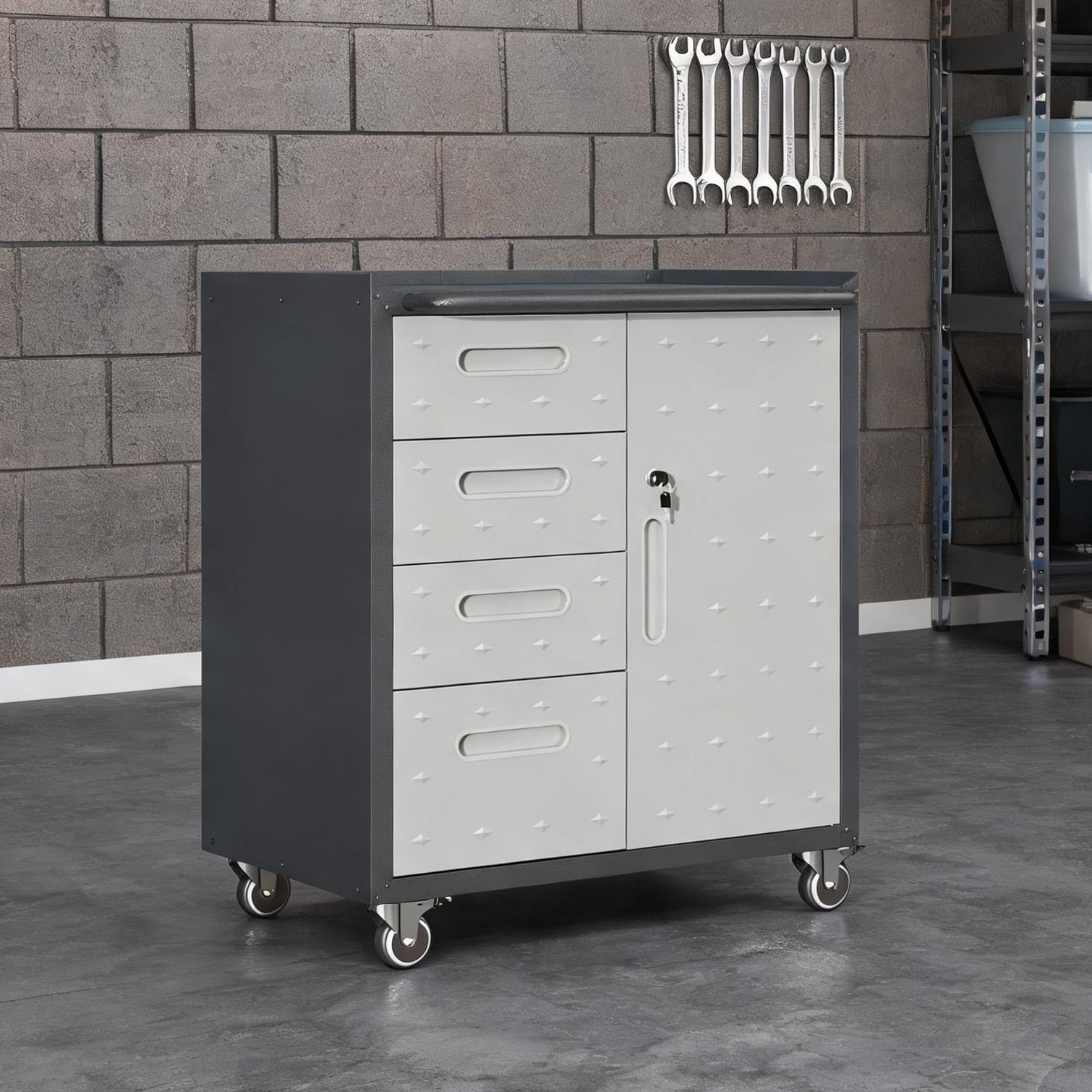 SunJet Mobile Steel Tool Cabinet with Locking Drawers and Wheels for Garage Organization