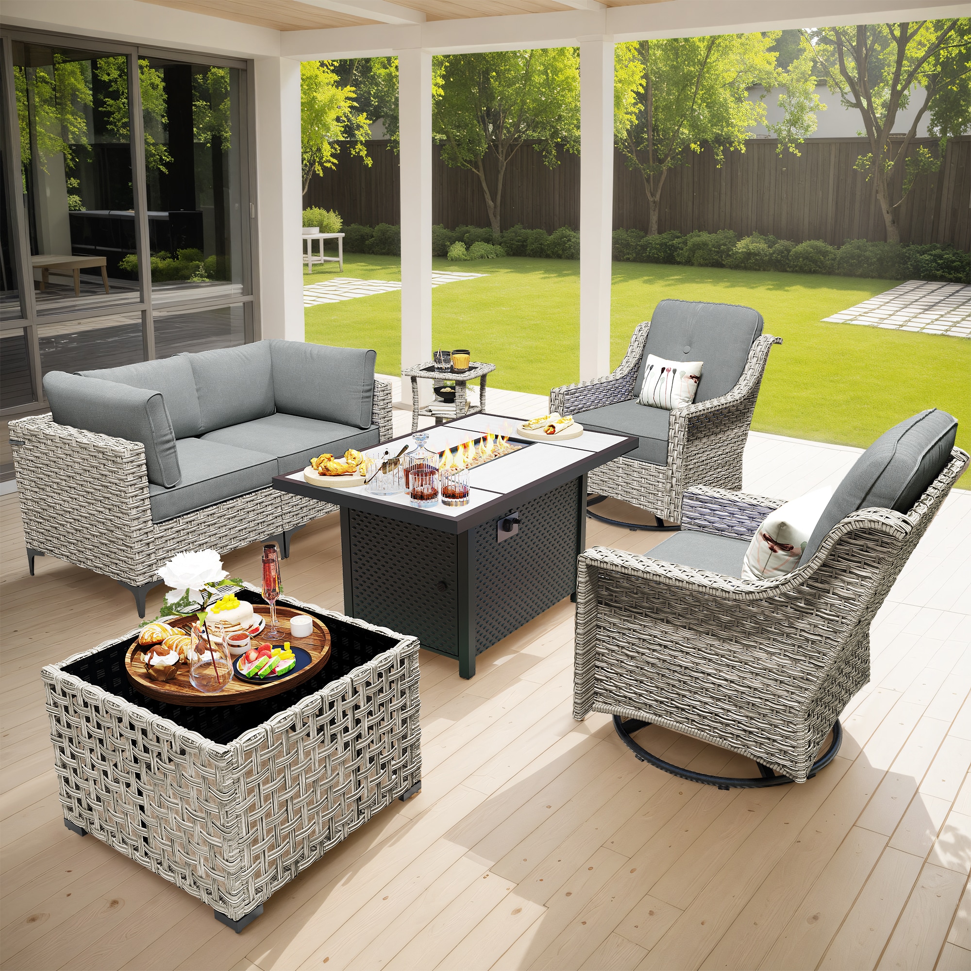 Pouuin DFPSKT206 5 -Piece Wicker Patio Conversation Set with Gray Cushions