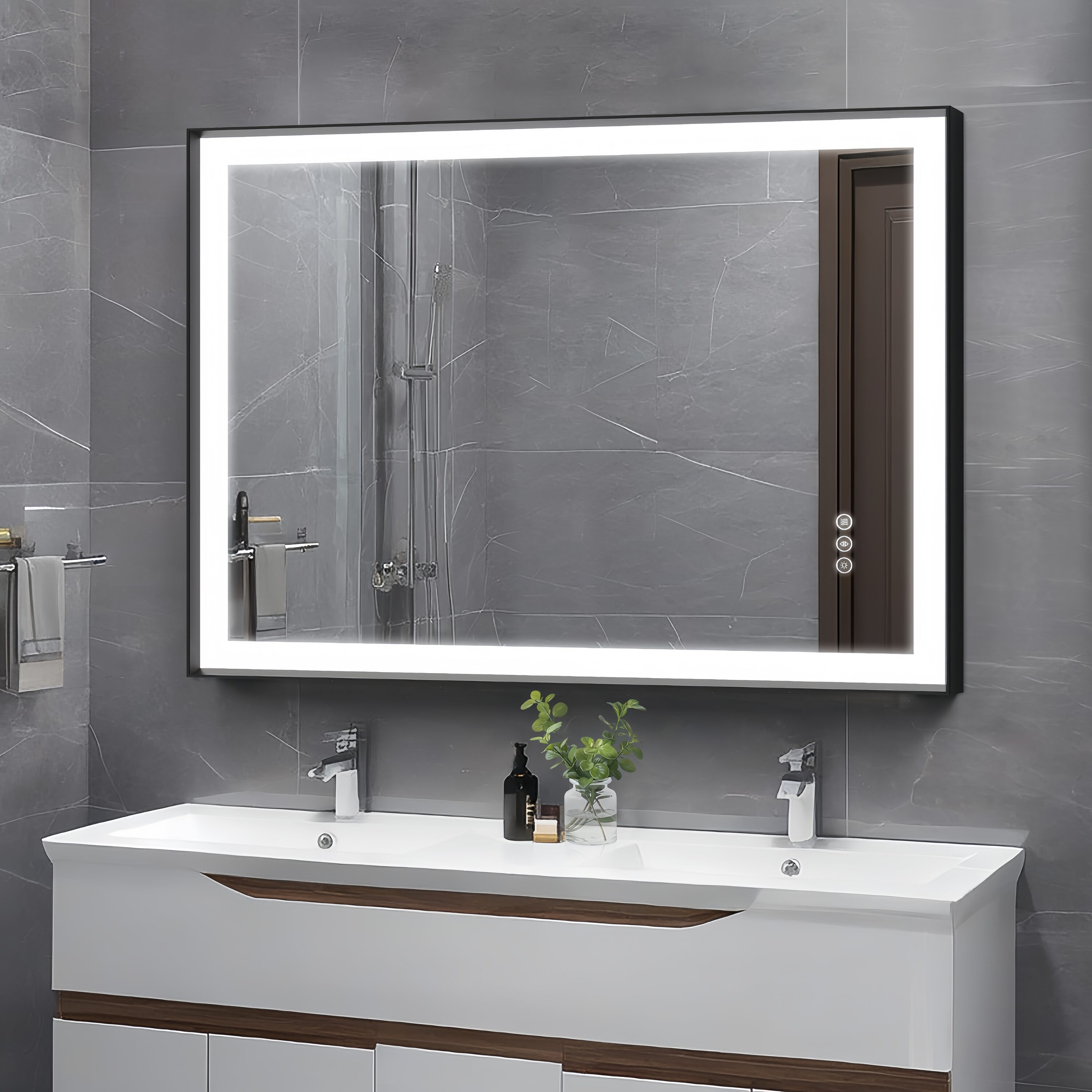 Maxax MS02-3248-ZZ VM 32-in x 48-in Framed Rectangle Dimmable LED Lighted Fog Free Bathroom Vanity Mirror ( Sanded Matte Black )