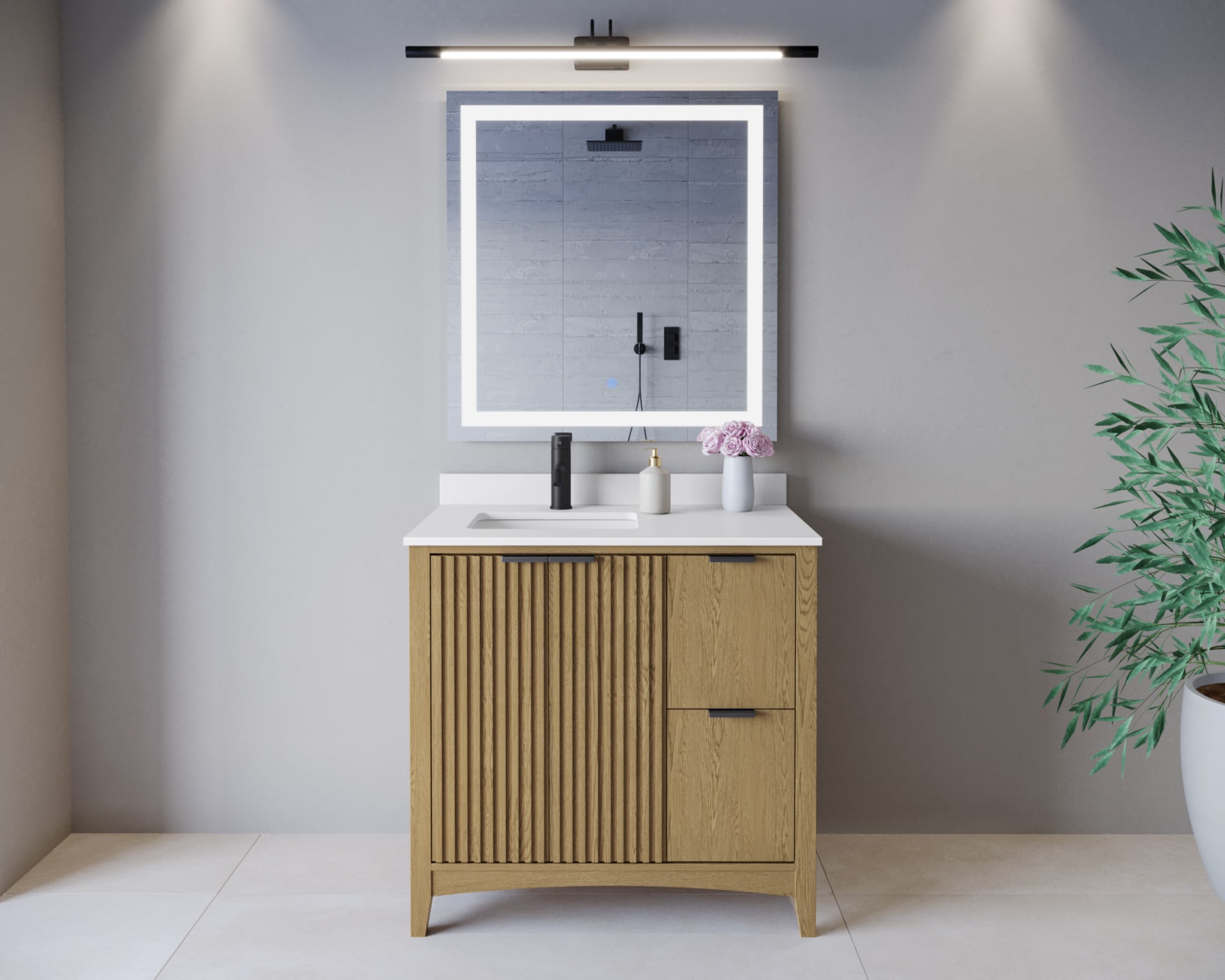 Wyndham Collection WCF919136SNBWCUNSMXX Palmilla 36-in Natural Oak with Matte Black Trim Undermount Single Sink Bathroom Vanity with White Cultured Marble Cultured Marble Top