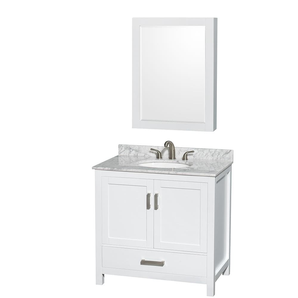 Wyndham Collection WCS141436SWHCMUNOMED Sheffield 36-in White Undermount Single Sink Bathroom Vanity with White Carrara Natural Marble Top (Mirror Included)