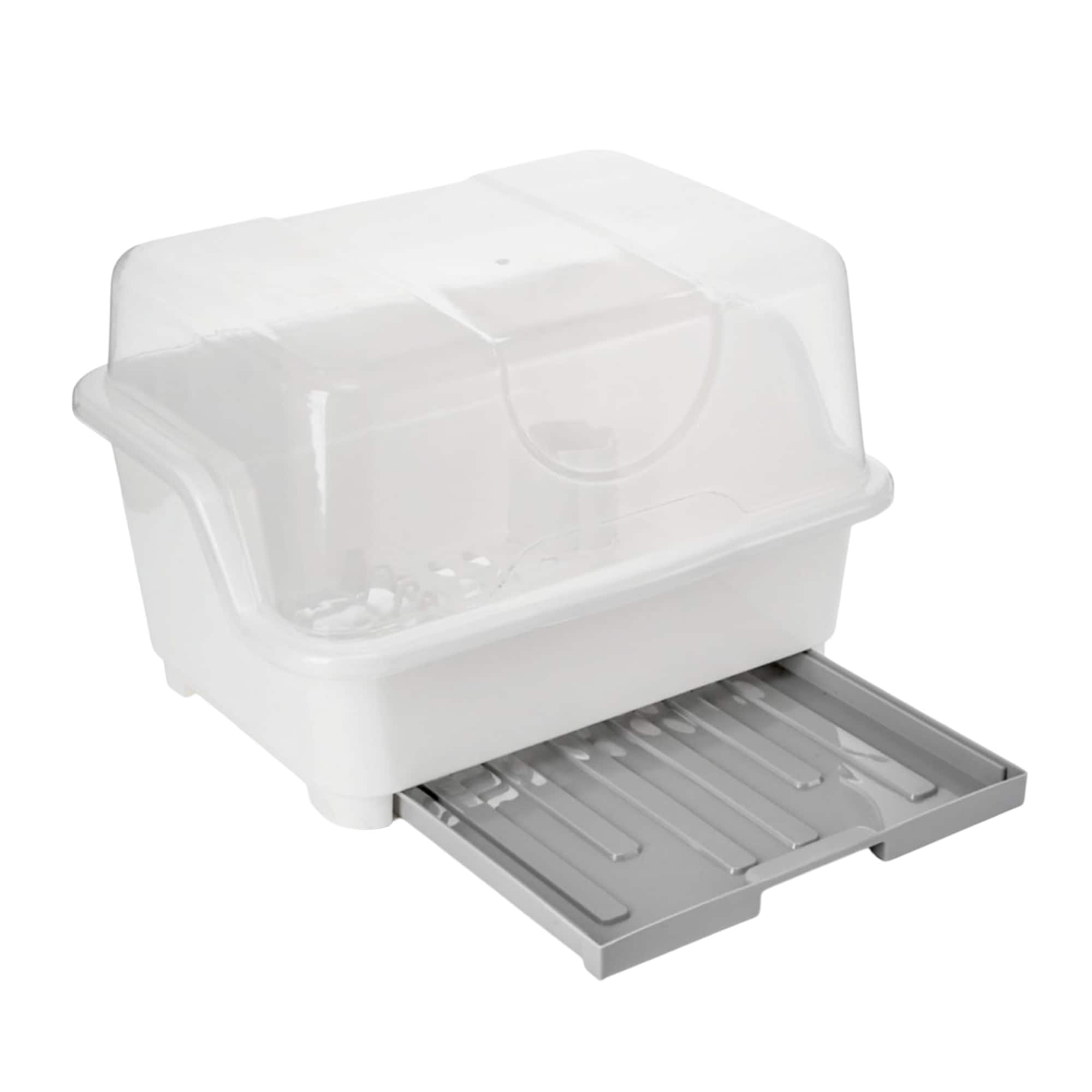 Etokfoks  plastic dish drying rack with transparent lid removable drainboard and cutlery organizer 16 x 10 6 x 10 2 in countertop unit