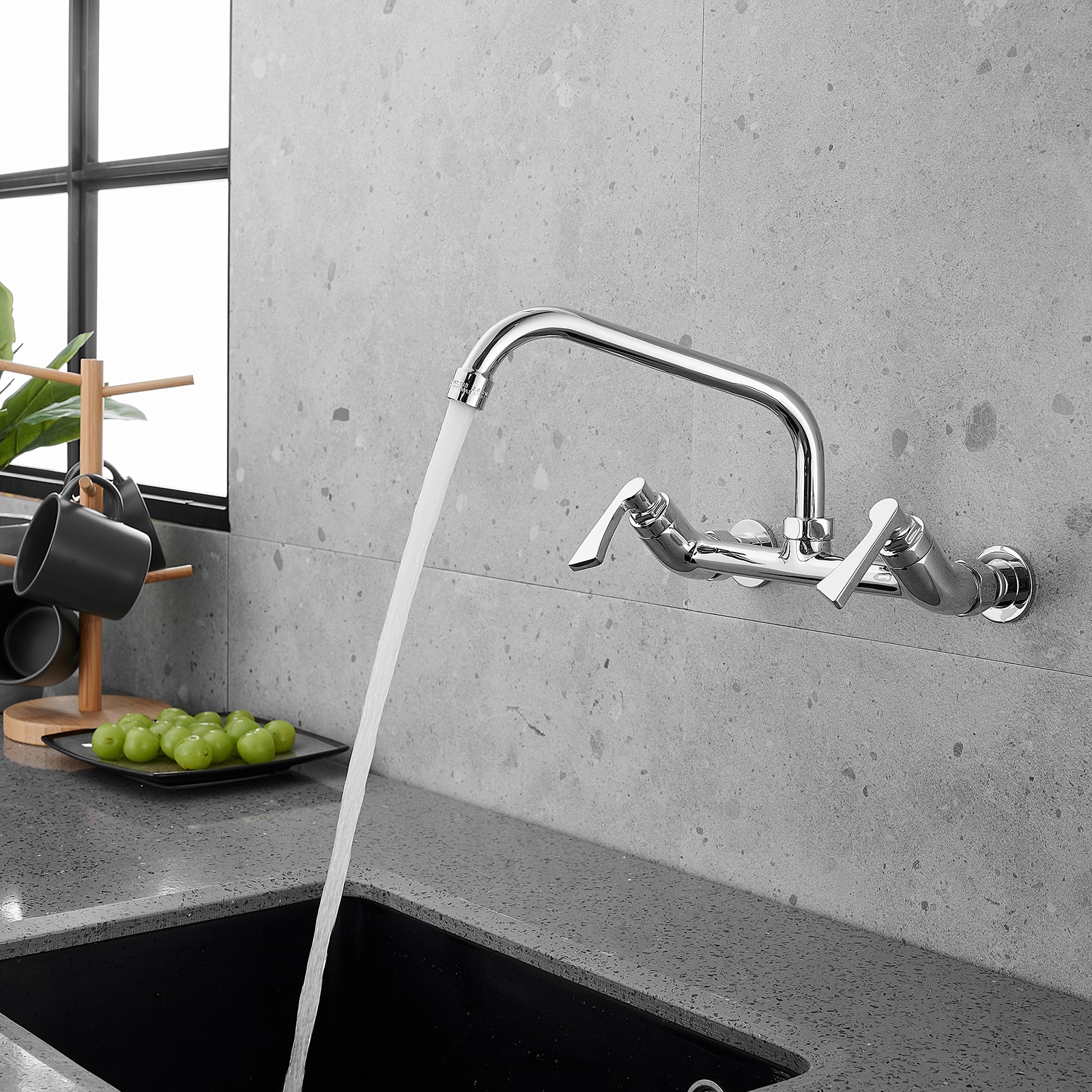 Chrome Double Handle Wall-Mount Kitchen Faucet with Swivel Spout