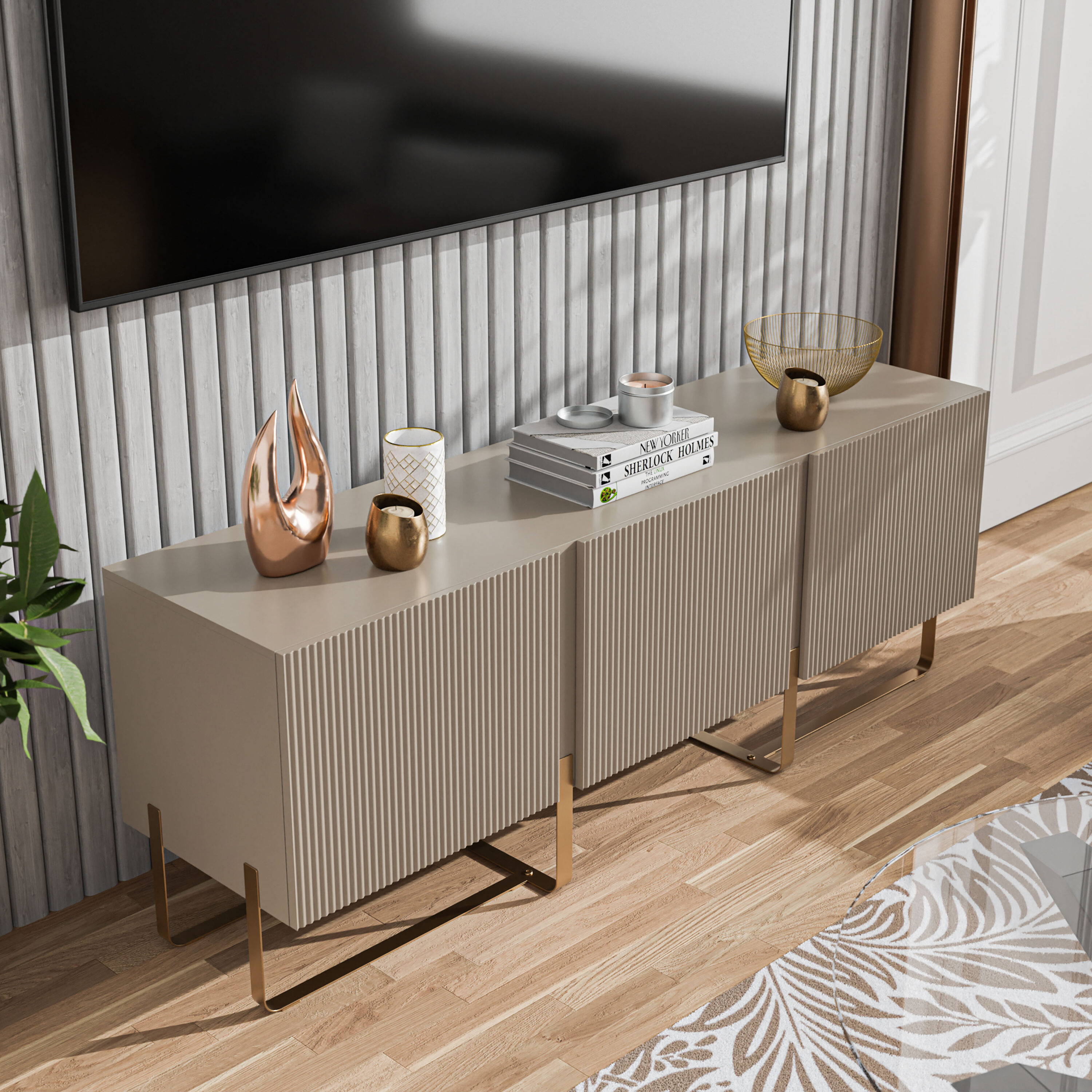 Furniture of America IDI-223160 Yaztra Modern/Contemporary Light Taupe, Vintage Gold TV stand ( Accommodates TVs up to 65-in )