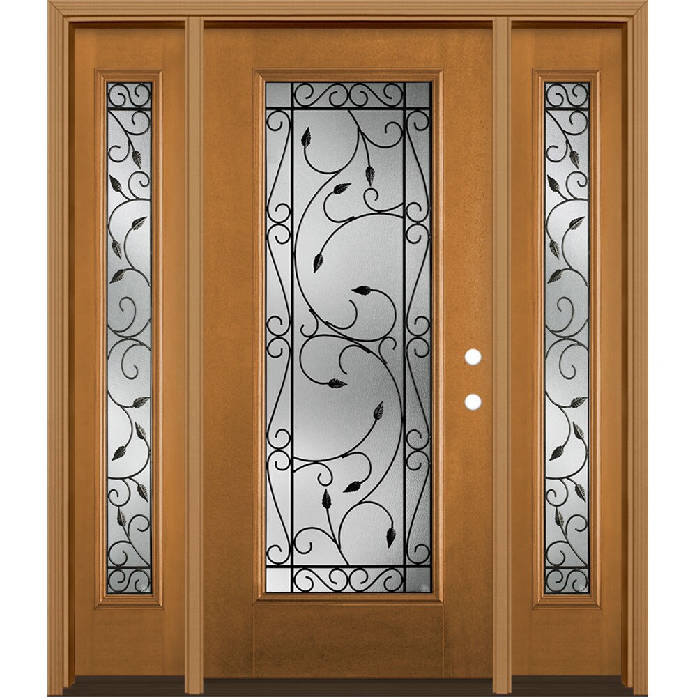 Masonite 3422465 Pergola 60-in x 80-in x 4-9/16-in Fiberglass Full lite Left-hand inswing Oakcrest Stained Prehung Single door with sidelights Front Door with Brickmould Insulating core Decorative glass