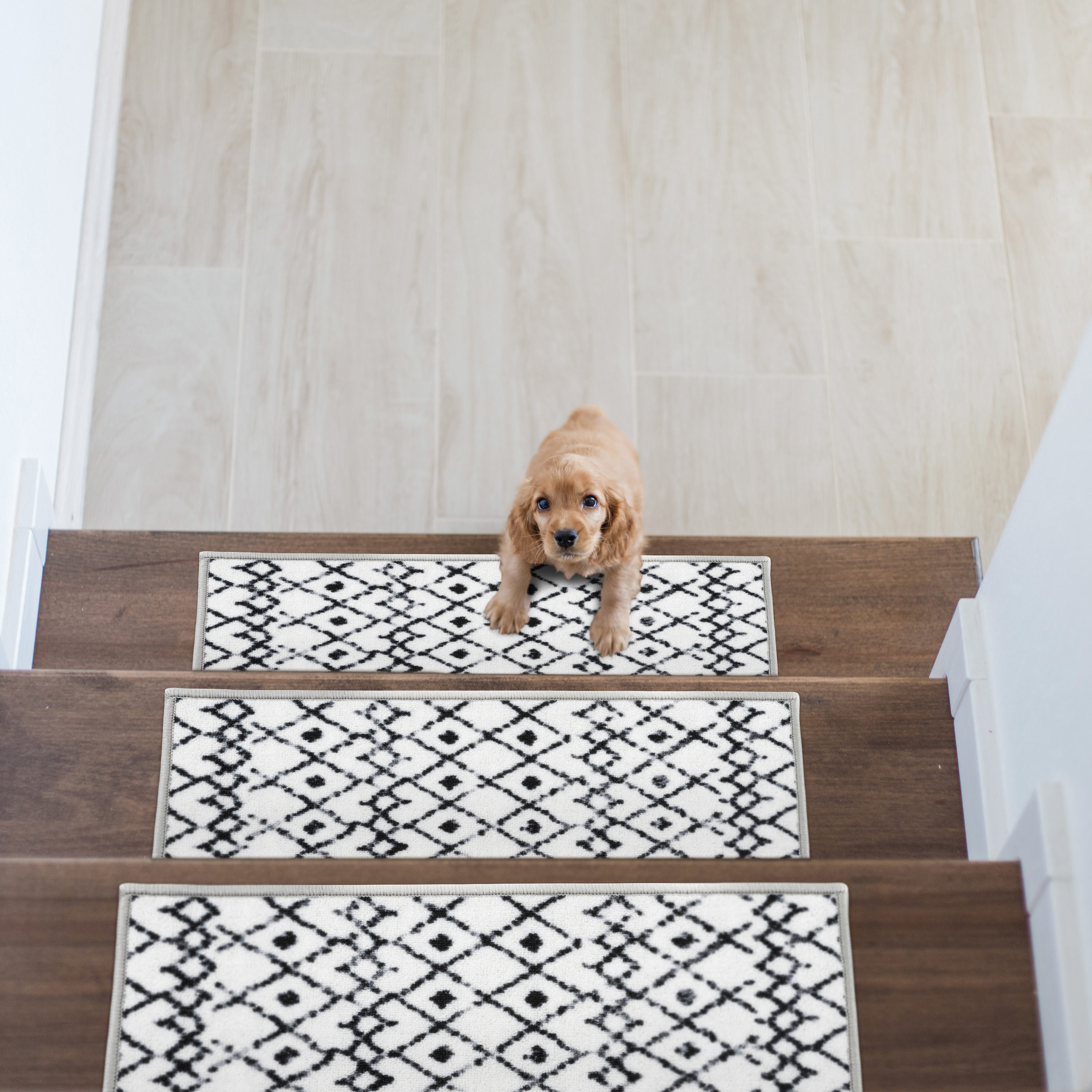 Cream and Black Geometric Nylon Non-Slip Stair Treads Set of 4