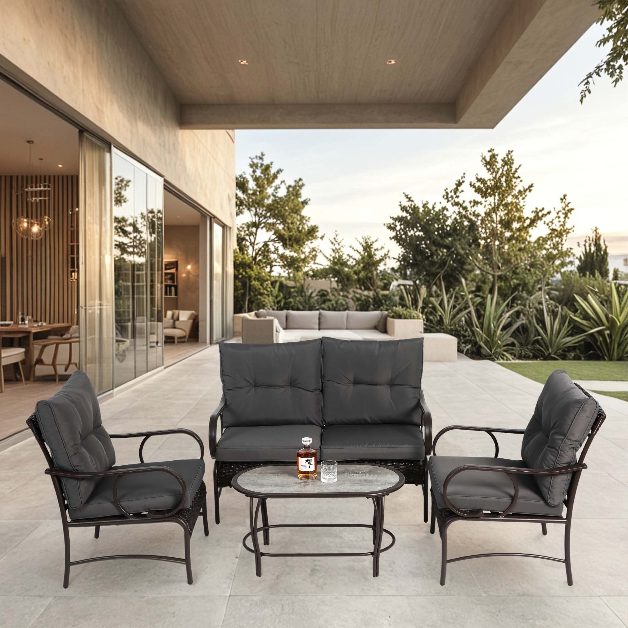 Fun Orange FUNS2HW06 4 -Piece Wicker Patio Conversation Set with Gray Cushions