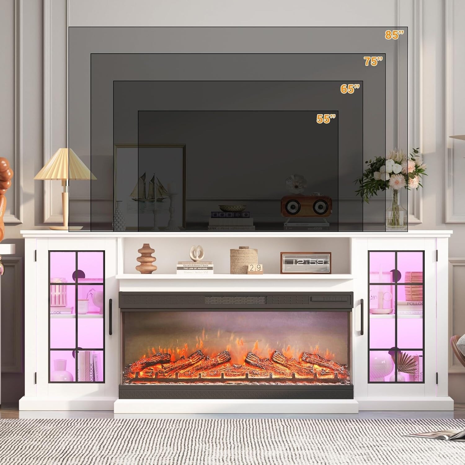 Qeetex 75 Inch TV Stand Electric Fireplace Fits TVs up to 85Inch LED ...