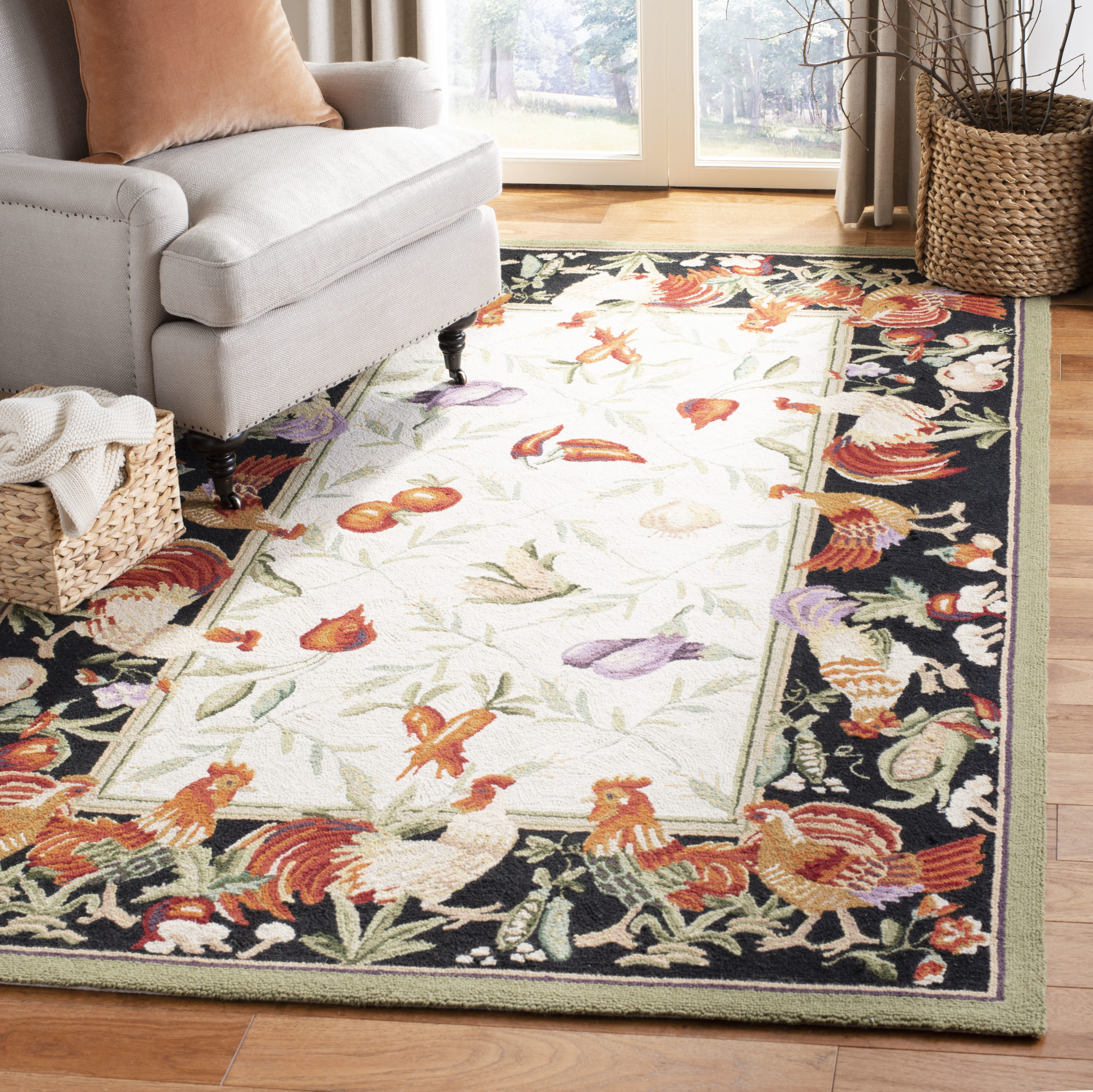 Ivory & Black Floral Hand-Knotted Wool Area Rug 6' x 9'