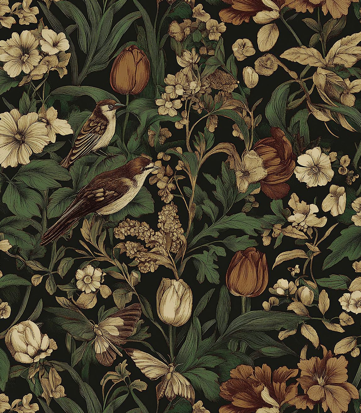Luupatchy Peel and Stick Wallpaper Vintage Bird Floral Pattern 17.3 In x 394 In Removable Self Adhesive Vinyl Wall Contact Paper Roll Dark Background 47.28 Sq Ft