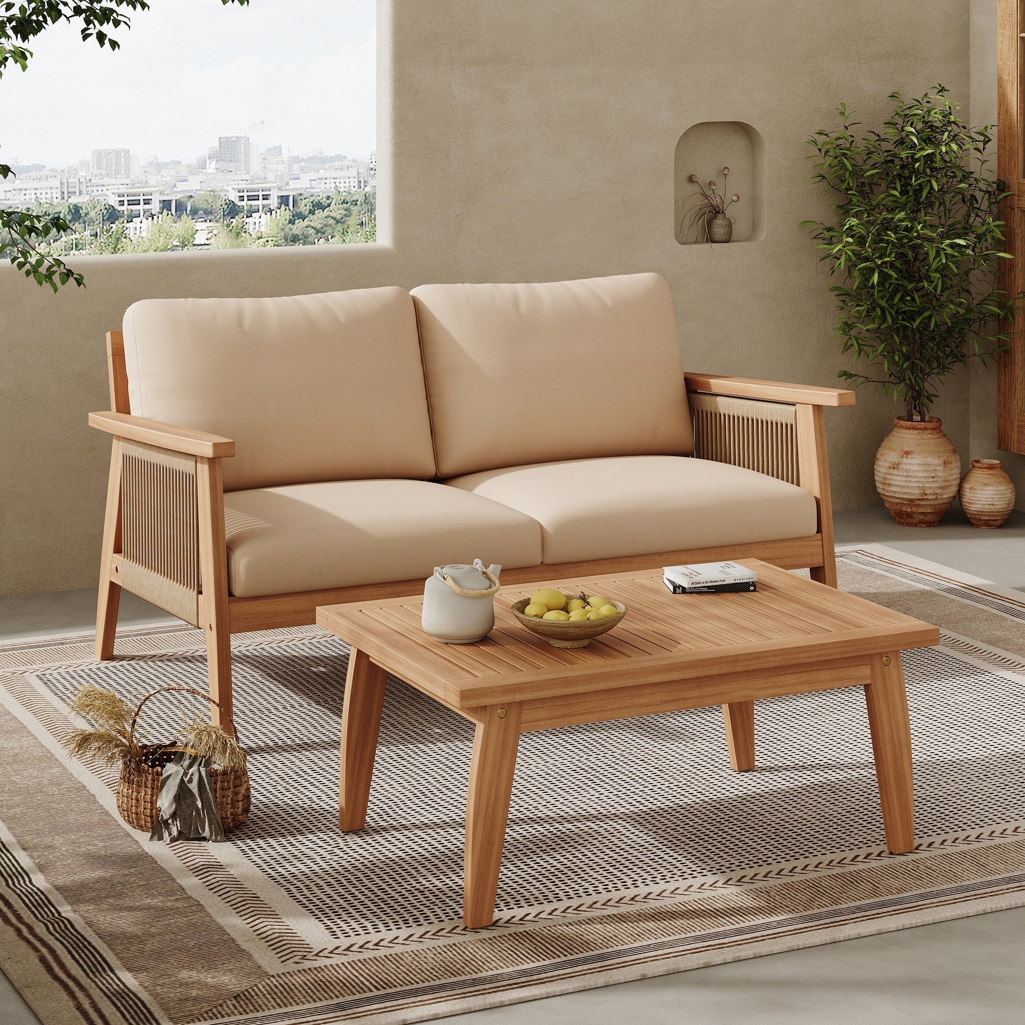HyperDrop Cart 2 Piece Outdoor Acacia Wood and Rope Patio Chat Set