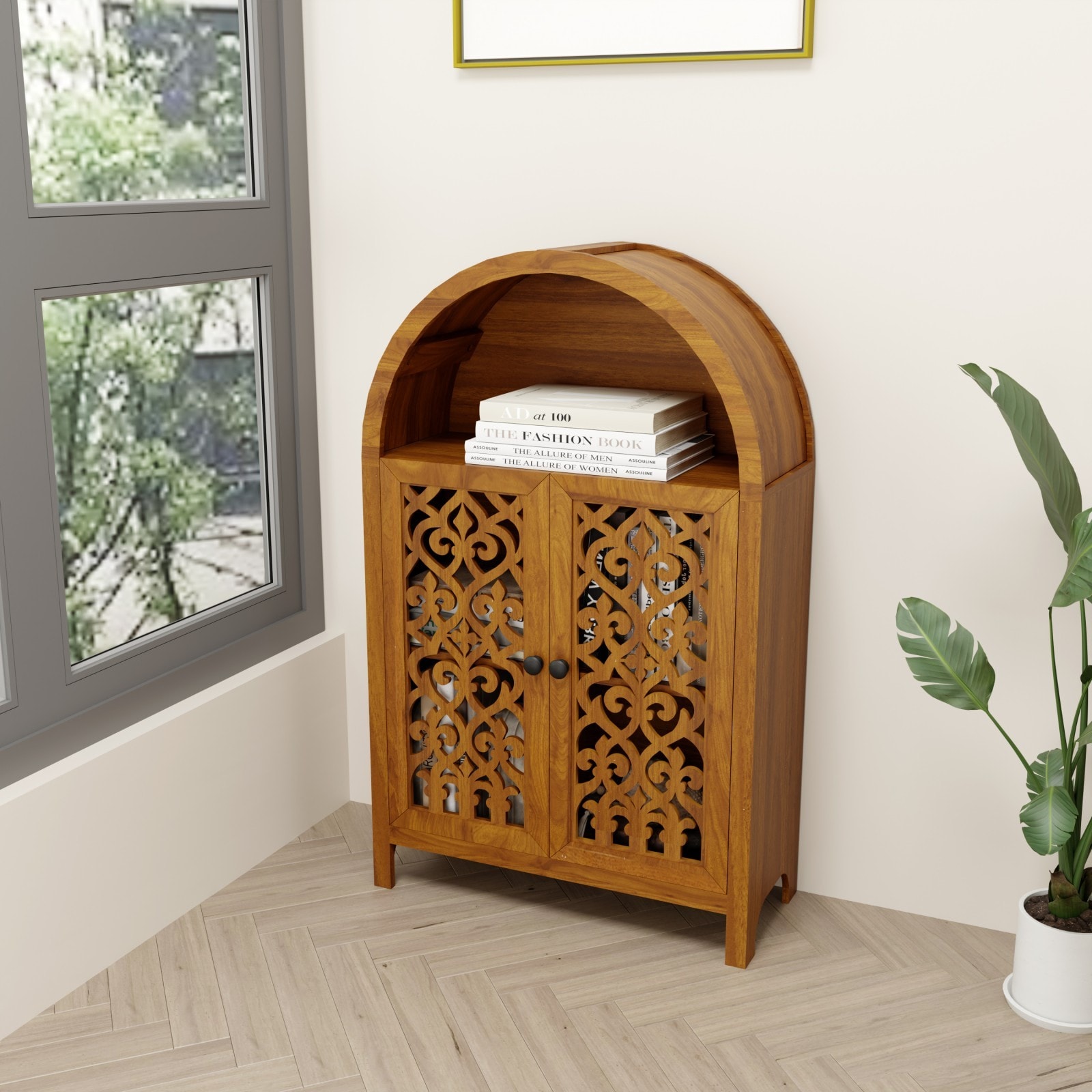 GlasFlength 44.48-Inch Hand Carved Arched Solid Wood Storage