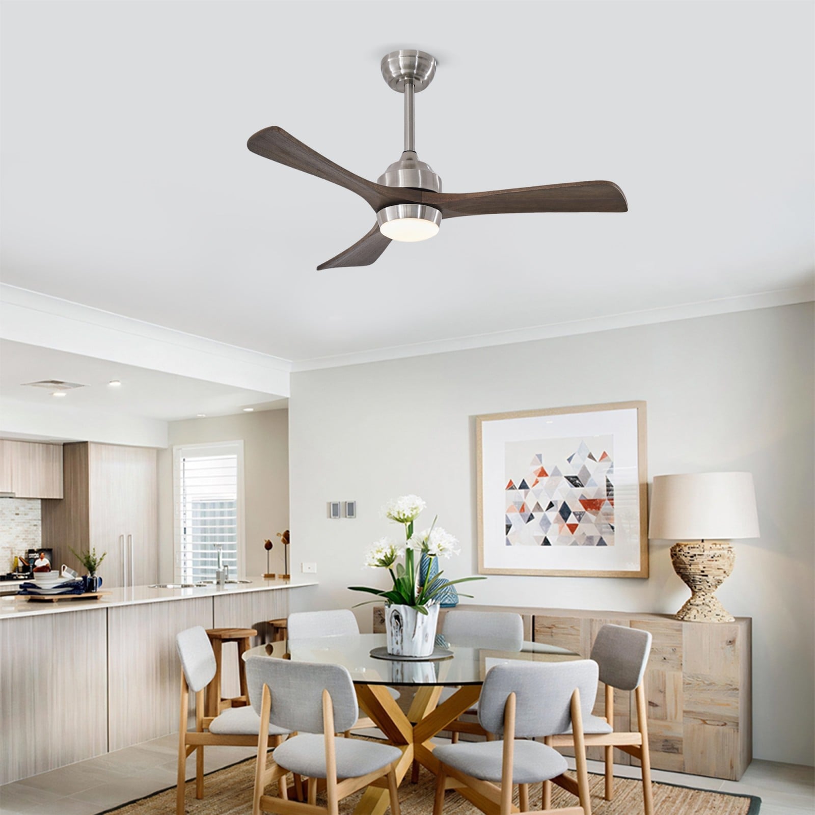 GlasFlength  42-Inch Ceiling Fan With Lights Remote Control Solid Wood Blades Quiet DC Motor 6 Speed Levels Reversible For Patio Living Room Bedroom Office Indoor Satin Nickel