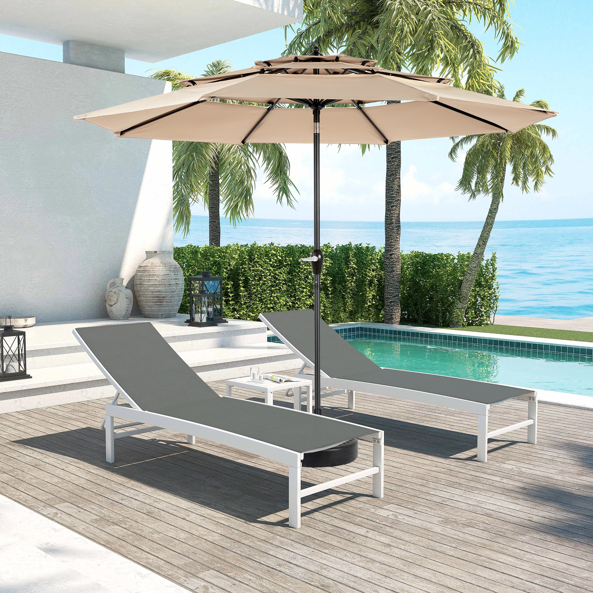 khaki patio umbrella Sol-Shield 9' Windproof | 30 Pro-Tilt  Crown Shades proof umbrella provides reliable protection against rain and harmful sun rays Grosfillex 98820331 9 ft Round