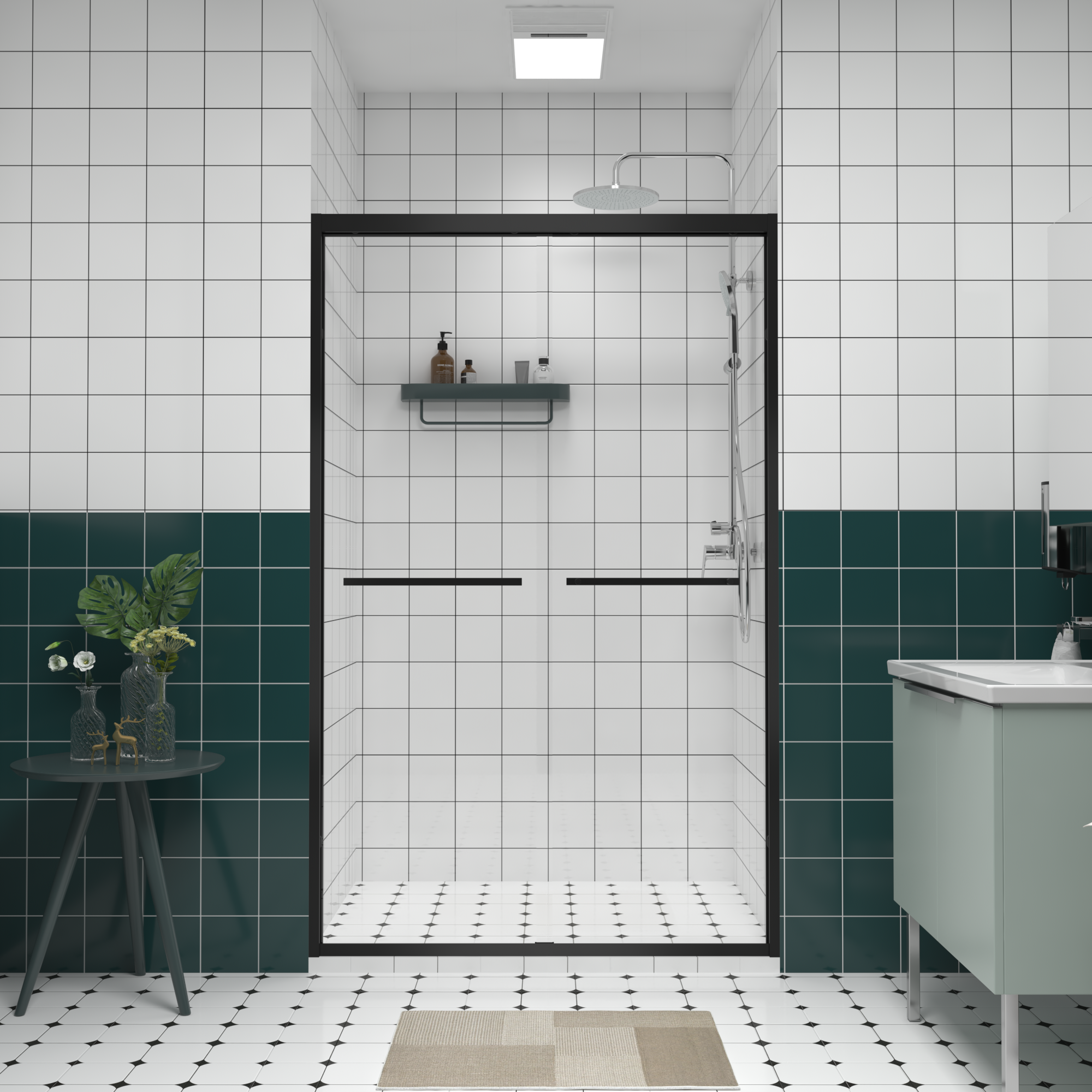 Tatayosi 44-48x76 Inches Aluminum Frame Double Sliding Shower Door By pass Bathroom Sliding Door with Premium 1/4 Inches (6mm) Clear Tempered Glass Black Hardware Sliding Glass Shower Enclosure Matte Black Finished