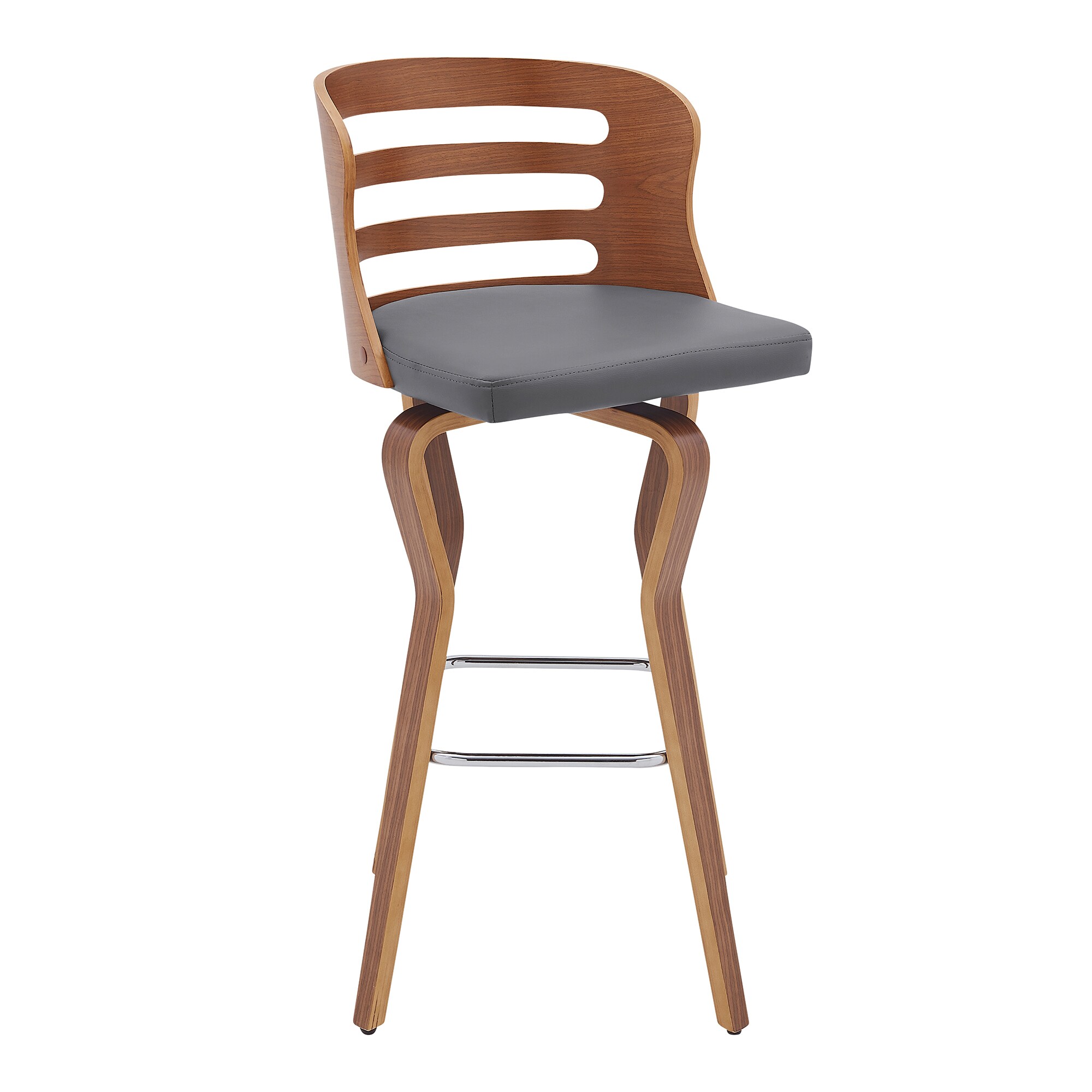 Sumyeg WF-HW57883PI-LA Swivel Gray Faux Leather and Walnut Wood Bar Stool Grey/Brown 30-in H Bar height Round seat Upholstered Swivel Wood Bar Stool and Back