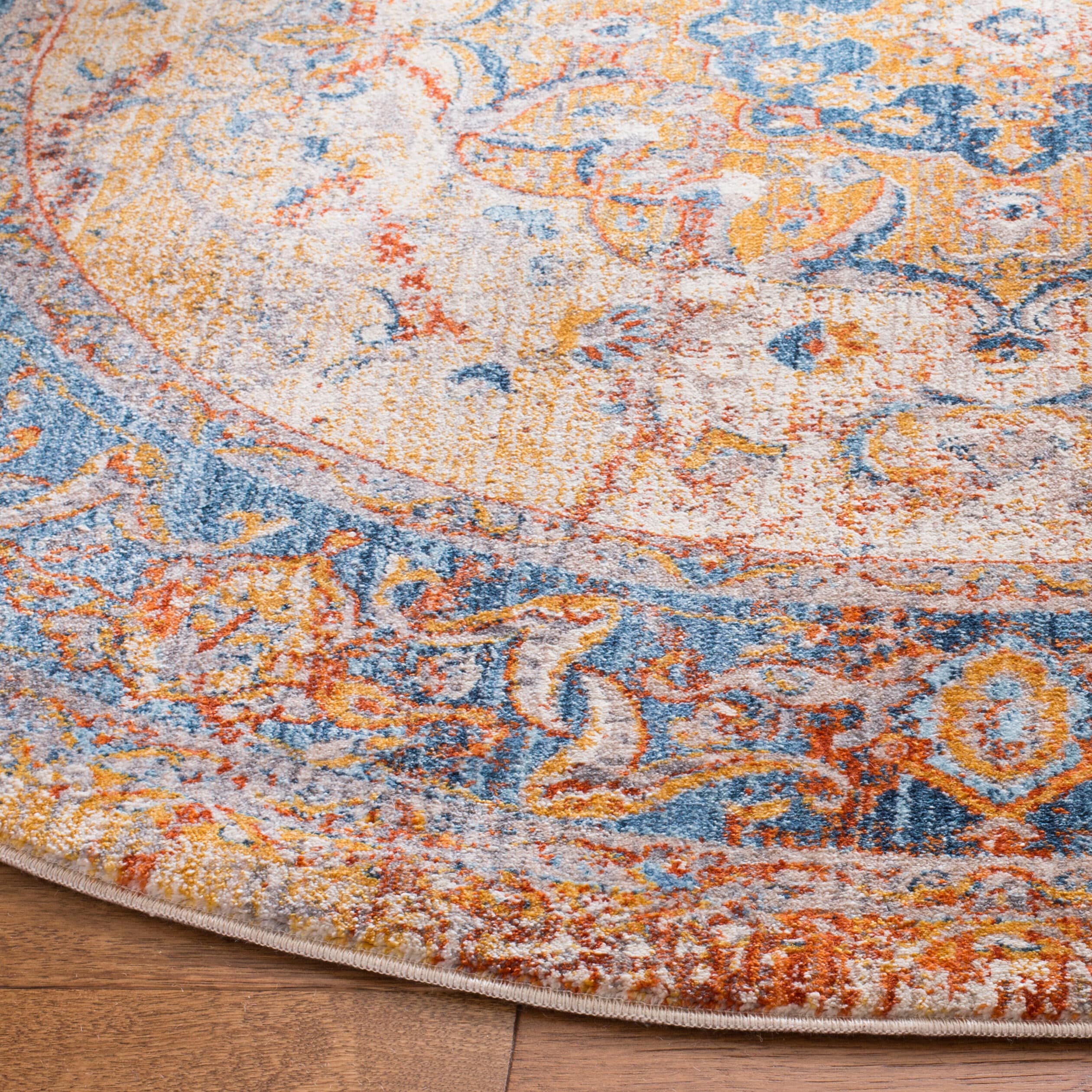 Vintage Blue Round Synthetic Easy Care Area Rug