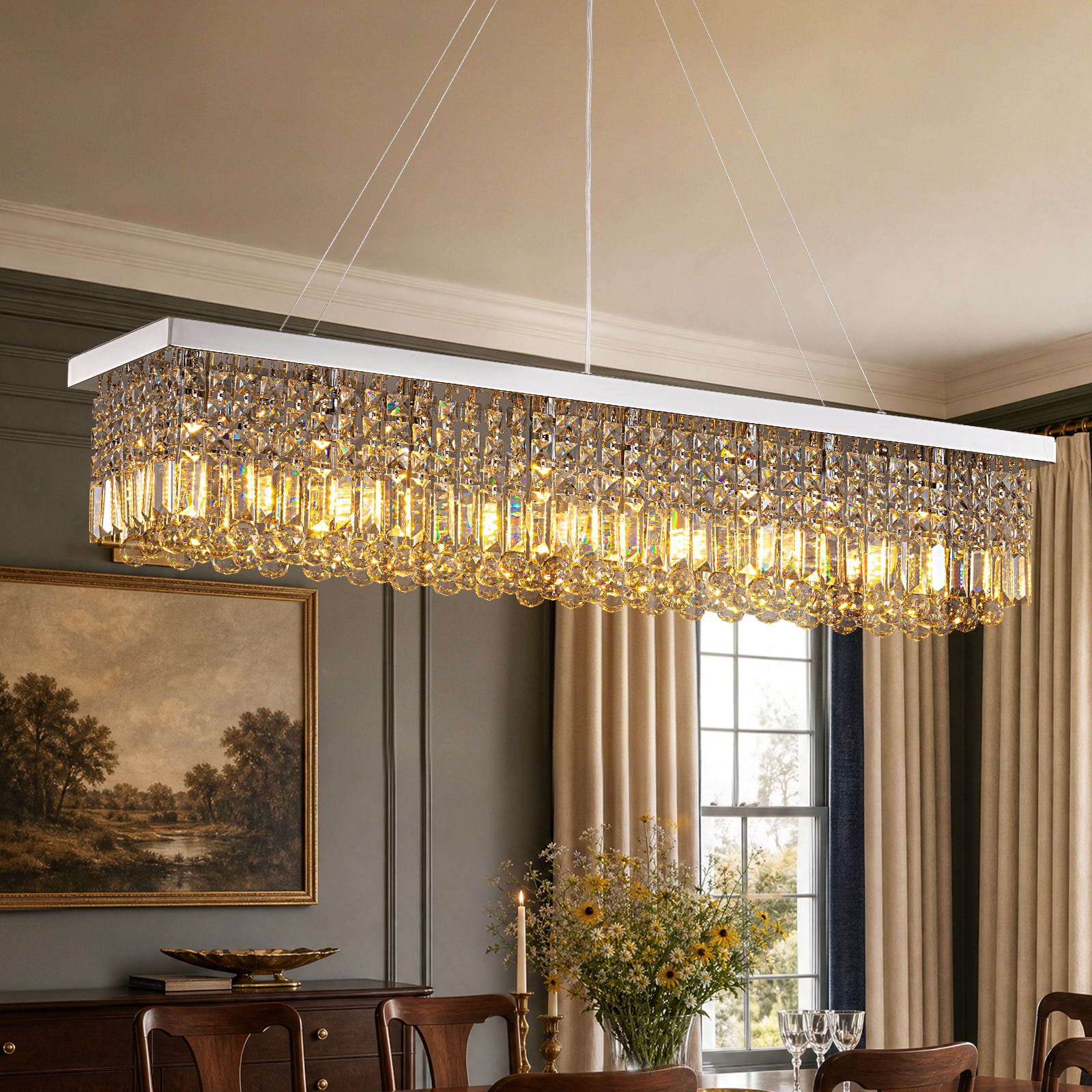 SILJOY 39.4-In 8 Light Chrome Linear Crystal Chandelier Modern Kitchen Island Pendant Light K9 Clear Crystal Stainless Steel Frame E12 Candelabra Bulb Adjustable Height for Dining Room Living Room Foyer Entryway