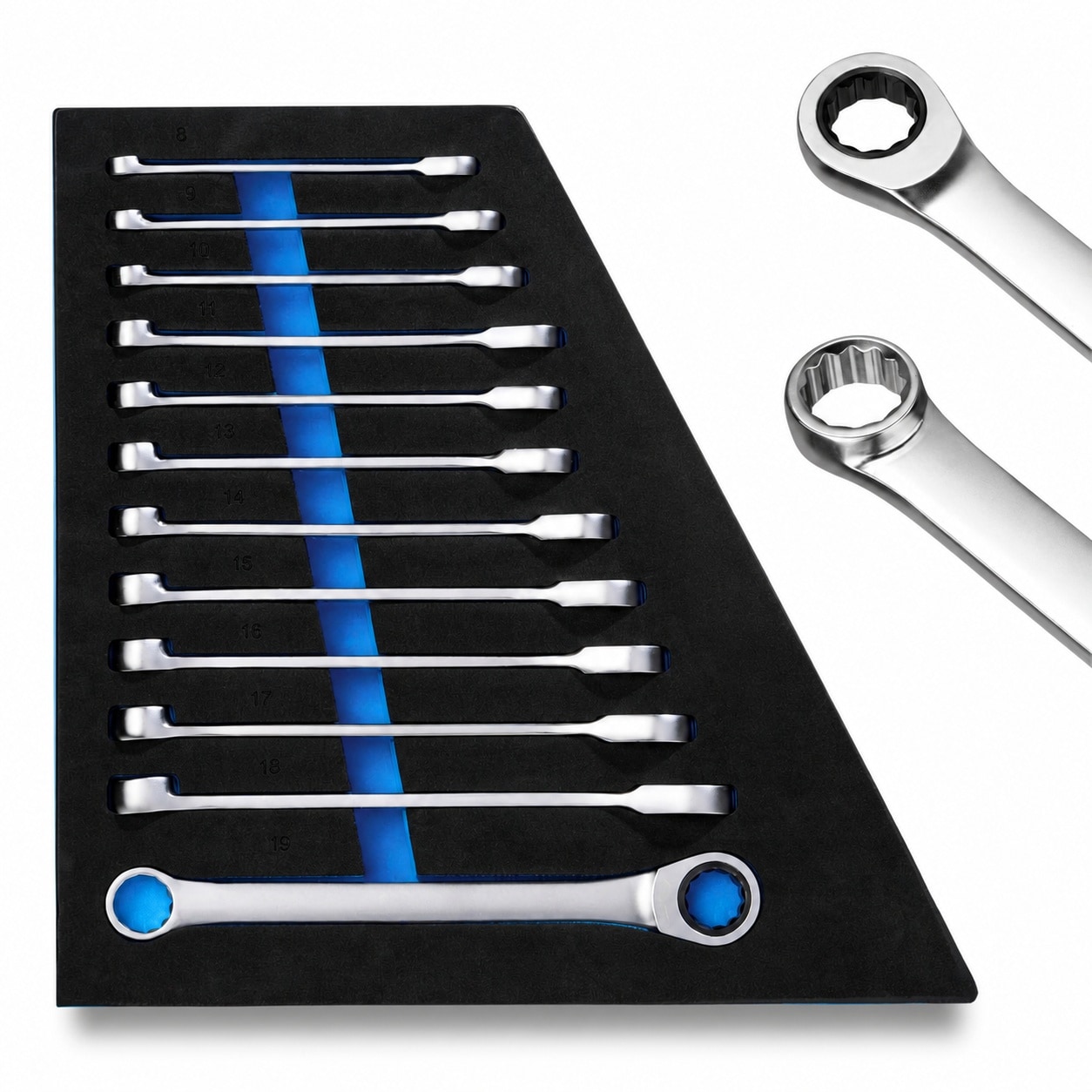 Etokfoks  12 Piece Metric Box End 12 Point ASME Standard Dual Head 90 Tooth 4 Degree Swing Ratcheting Wrench Hand Tool Set