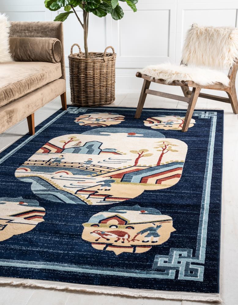 Unique Loom 3143640 Journey Gansu 5 x 8 (ft) Loomed Polypropylene Navy Blue/Beige Rectangular Indoor Border Oriental Area rug