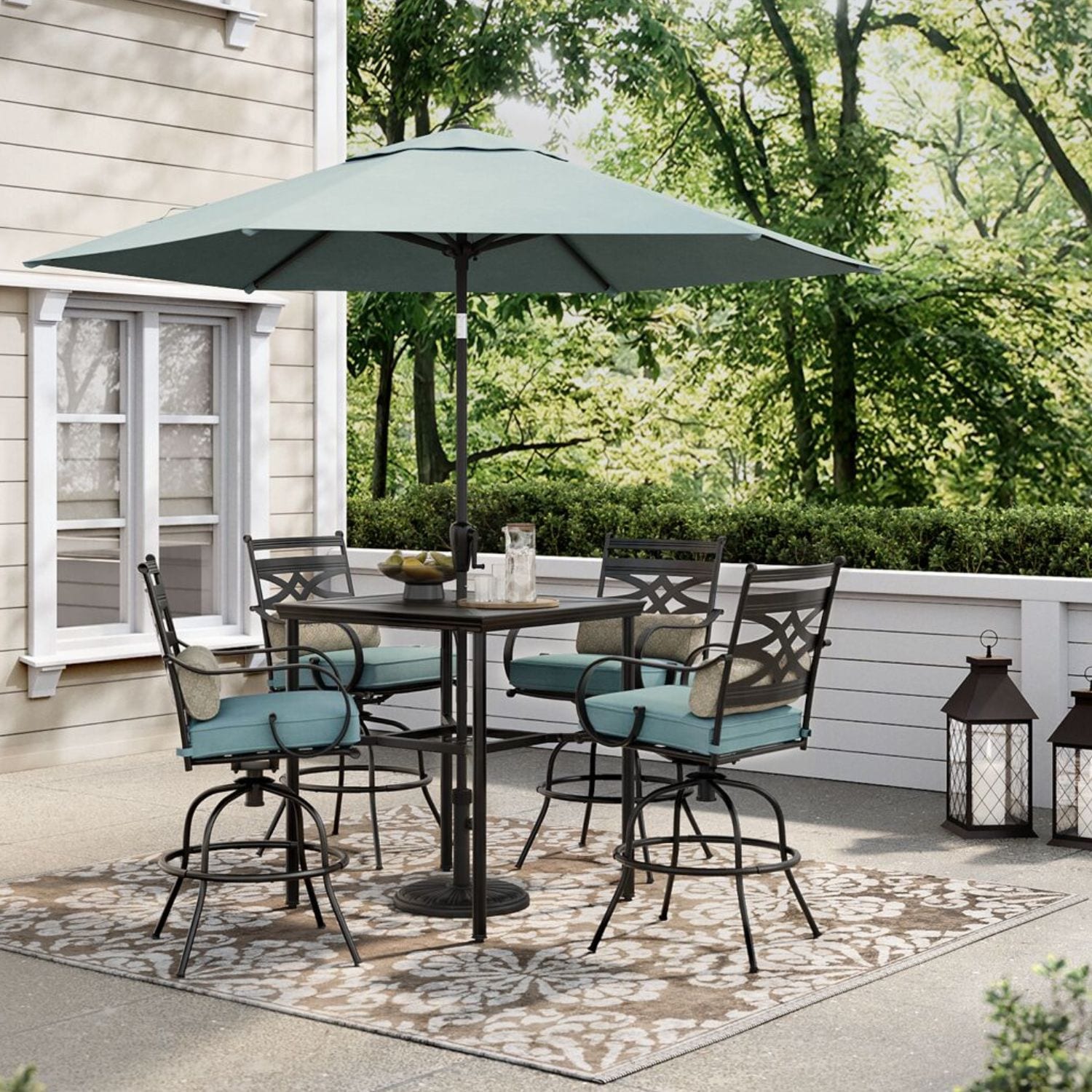 Hanover MCLRDN5PCBR-SU-B Montclair 6 -Piece Dark Brown Bar Height Patio Dining Set Steel Square Table with 4 Blue Cushions Swivel Chairs and Umbrella Included